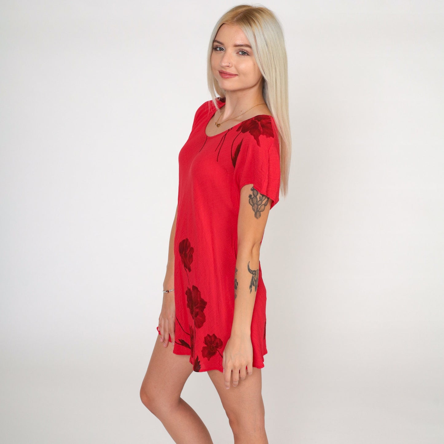 90s Red Floral Mini Dress Scoop Neck Short Sleeve Medium