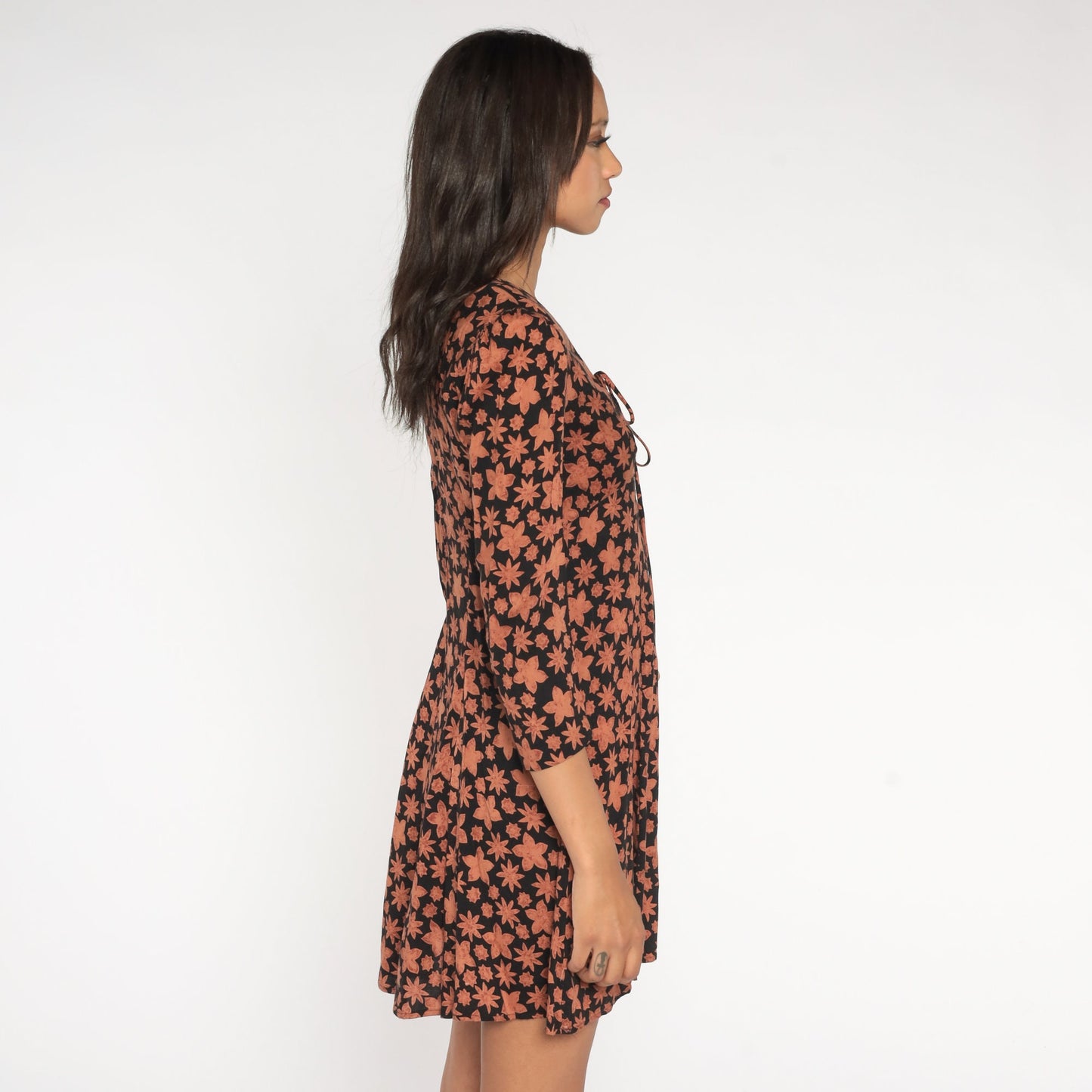 90s Black Floral Mini Dress Puff Sleeve Tie Neck Small