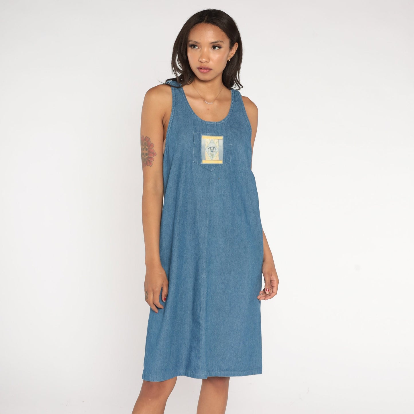 90s Blue Denim Midi Dress Flower Patch Sleeveless Cotton Medium M