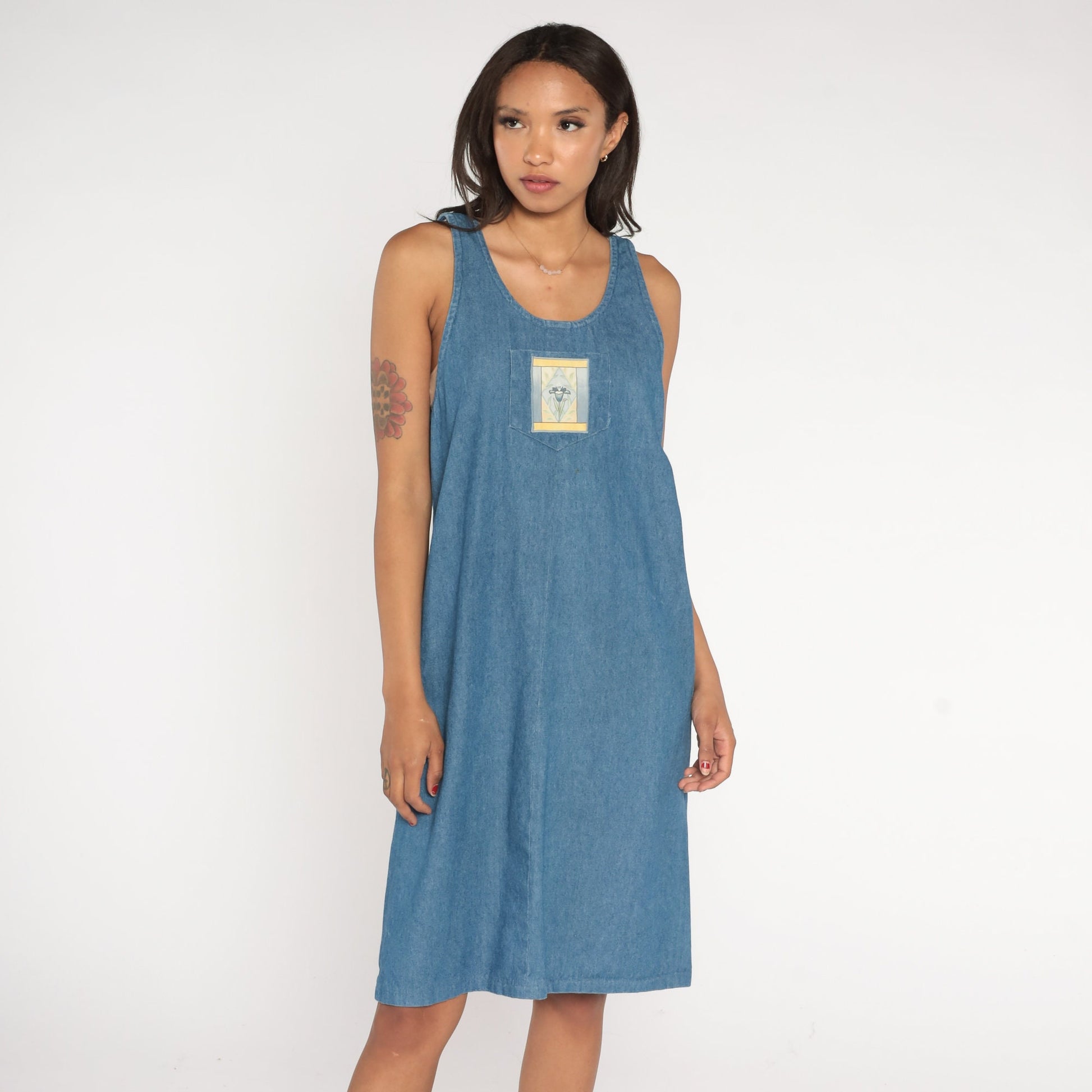 90s Blue Denim Midi Dress Flower Patch Sleeveless Cotton Medium M