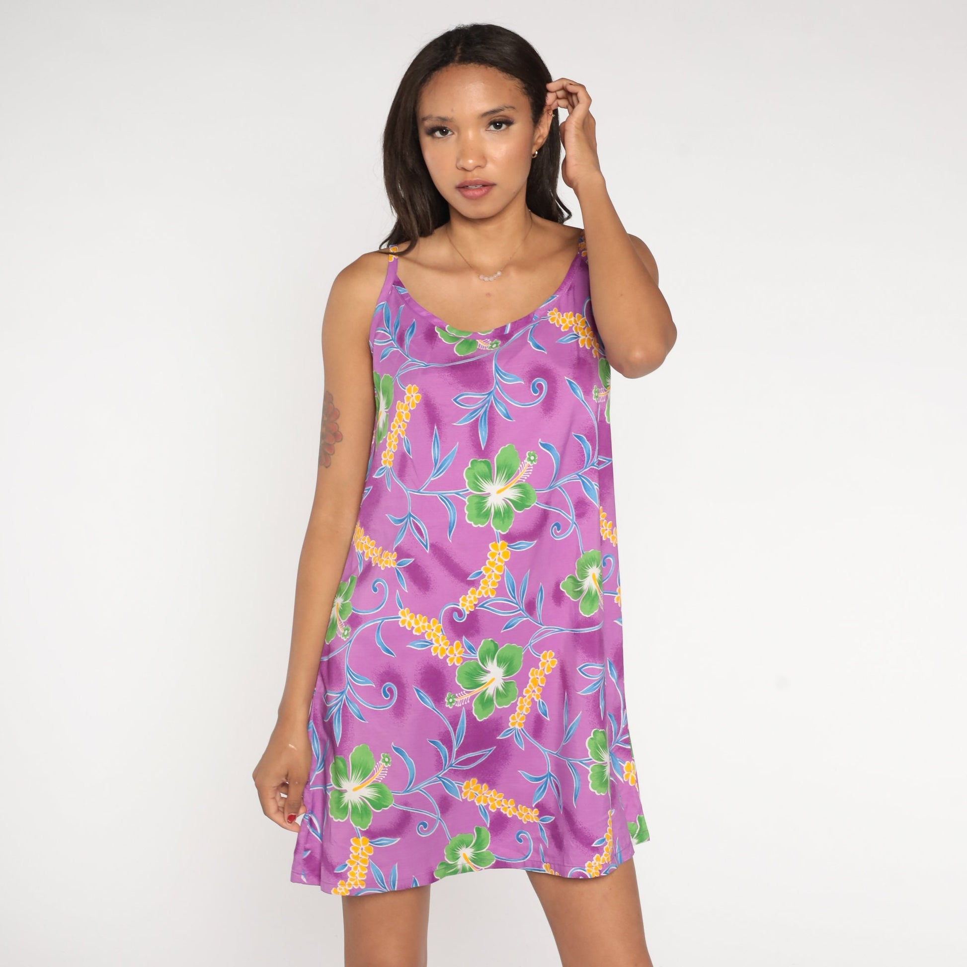 90s Purple Tropical Floral Mini Dress Sleeveless Sundress Small S