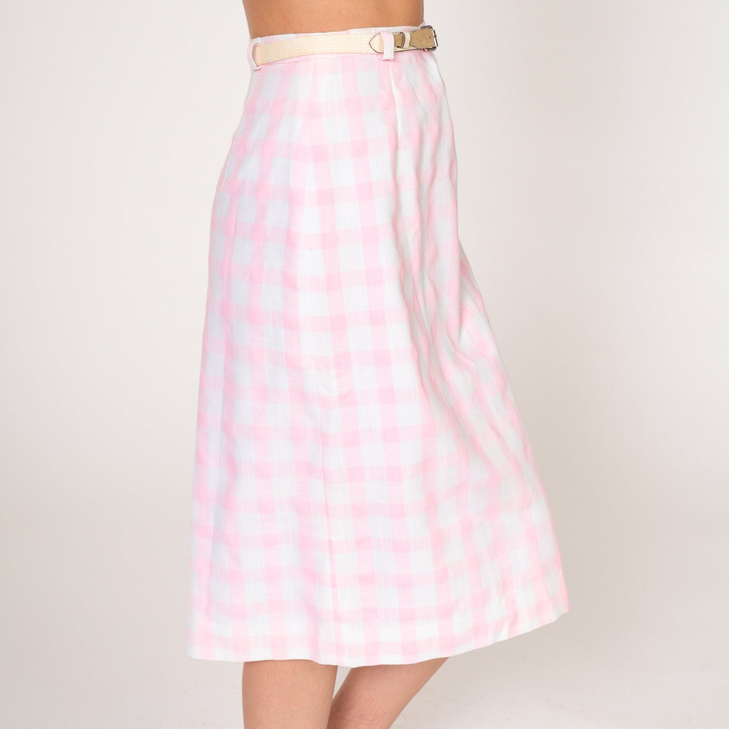 60s Pink Gingham Midi Skirt High Waisted Belted Pencil Extra Small XS