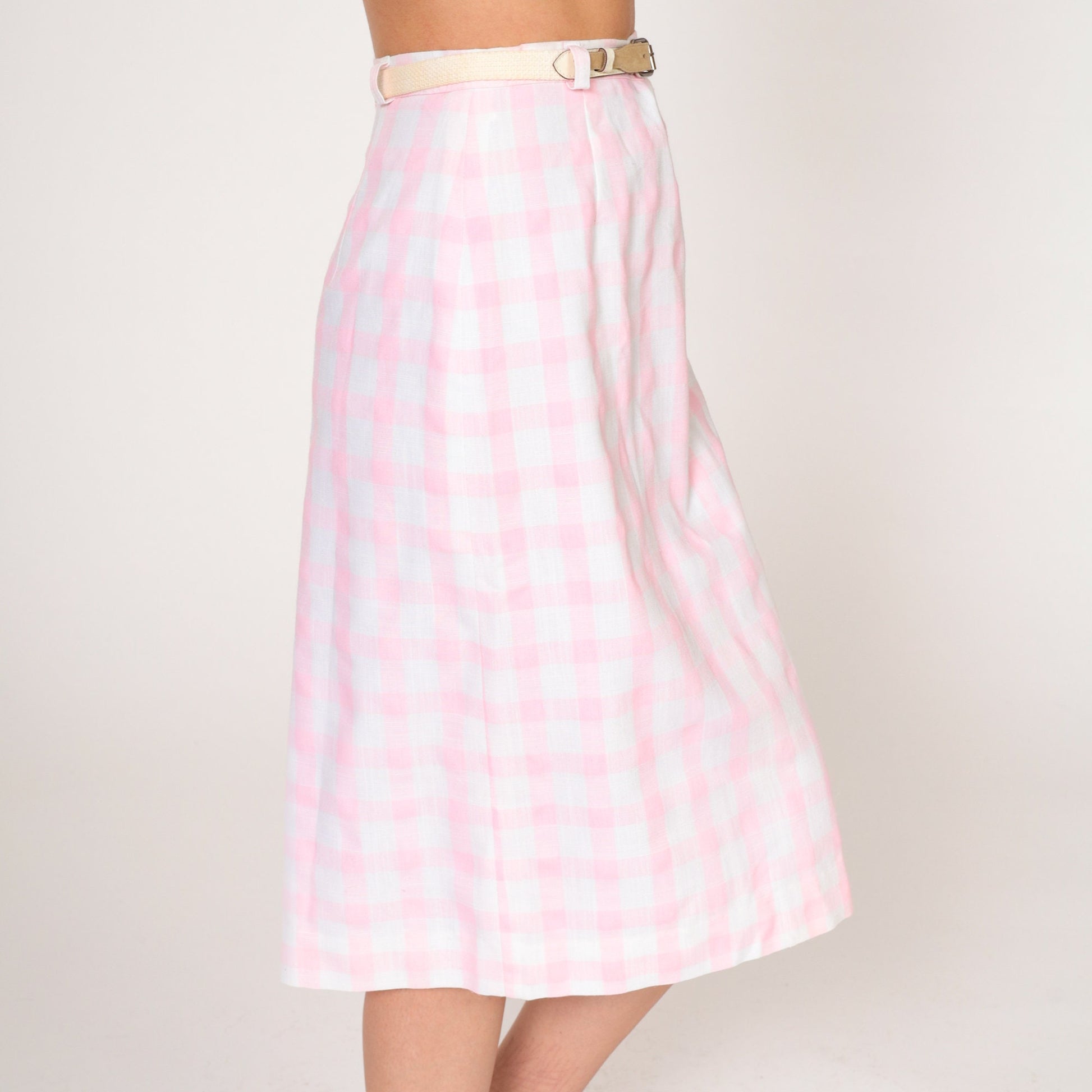 60s Pink Gingham Midi Skirt High Waisted Belted Pencil Extra Small XS