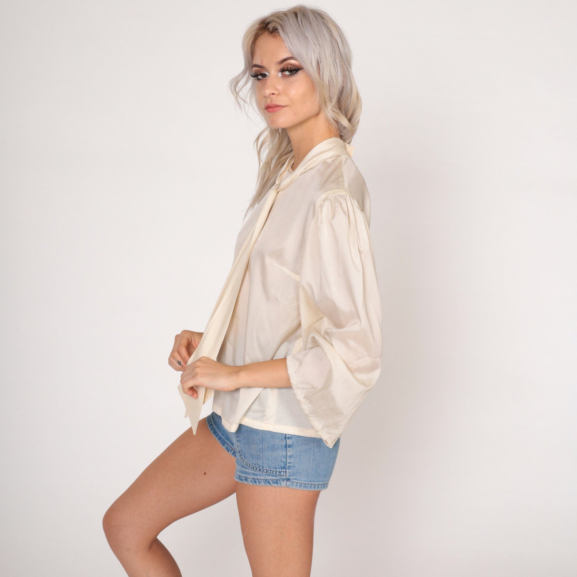 70s Necktie Blouse Cream Long Sleeve Button Back Shirt Small