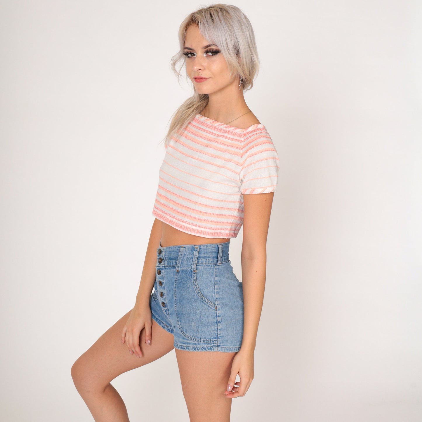 70s Catalina Striped Crop Top White Pink Orange Short Sleeve Extra Small