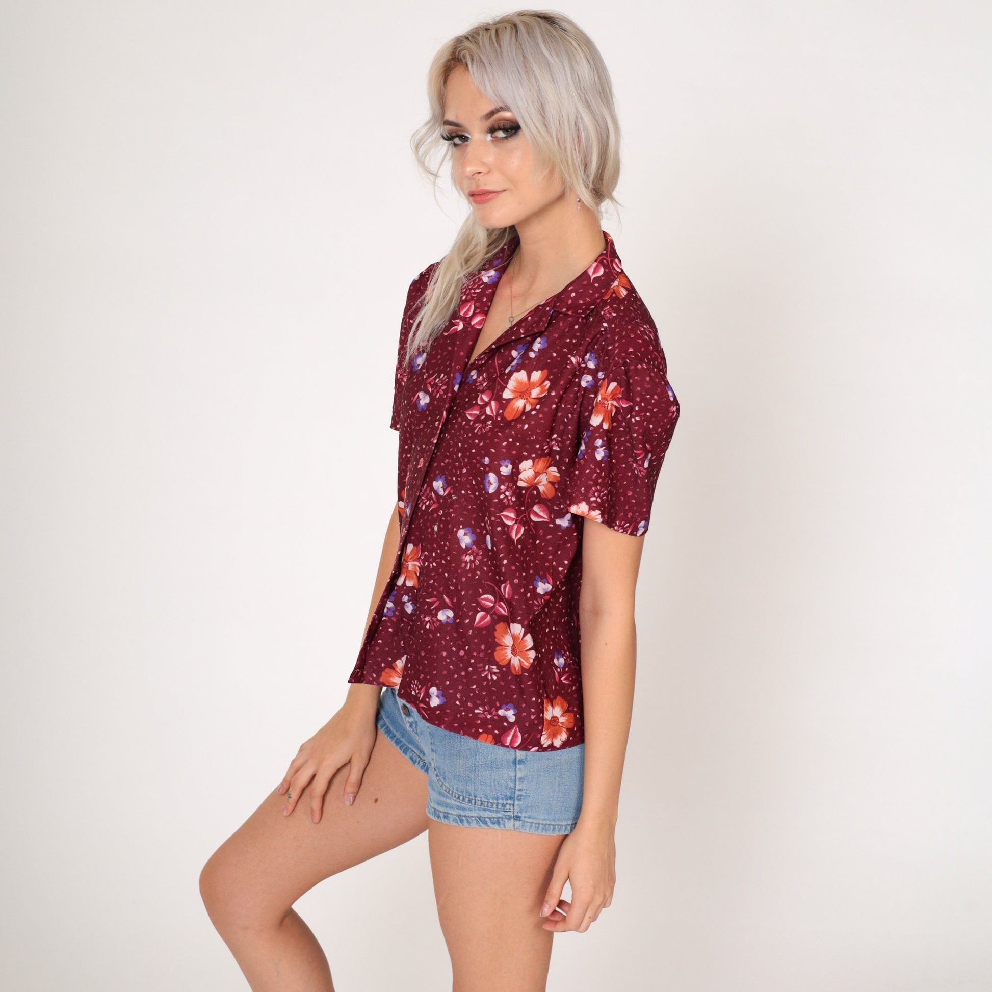 70s Burgundy Floral Puff Sleeve Button-Up Blouse Dot Print Medium