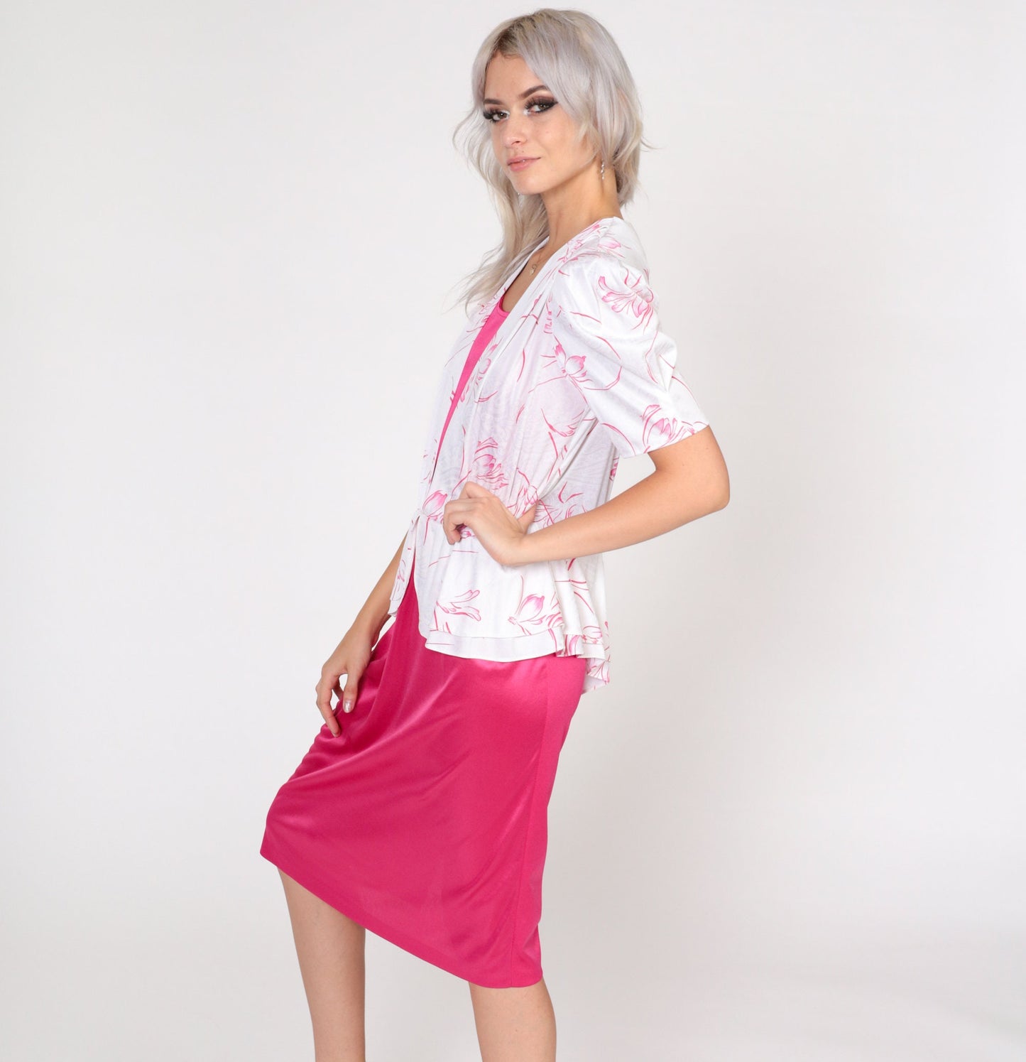80s Pink Floral Midi Dress with Attached White Blouse Puff Sleeve Small