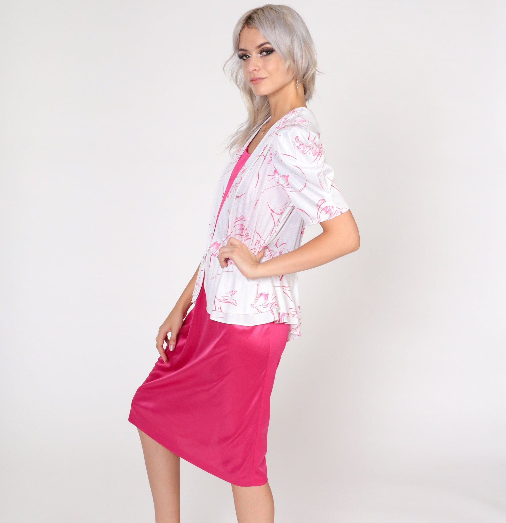 80s Pink Floral Midi Dress with Attached White Blouse Puff Sleeve Small