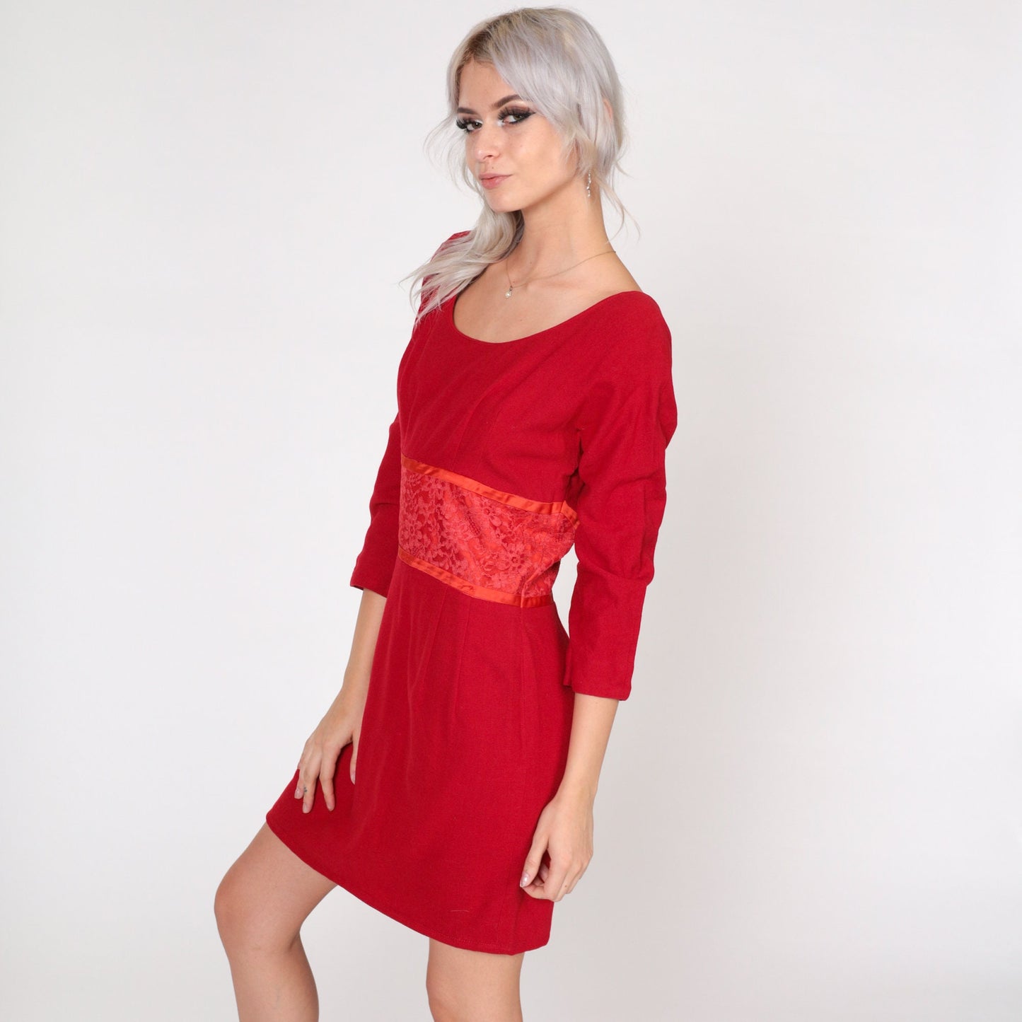 60s Red Wool Mini Dress Empire Waist Floral Lace Long Sleeve Small