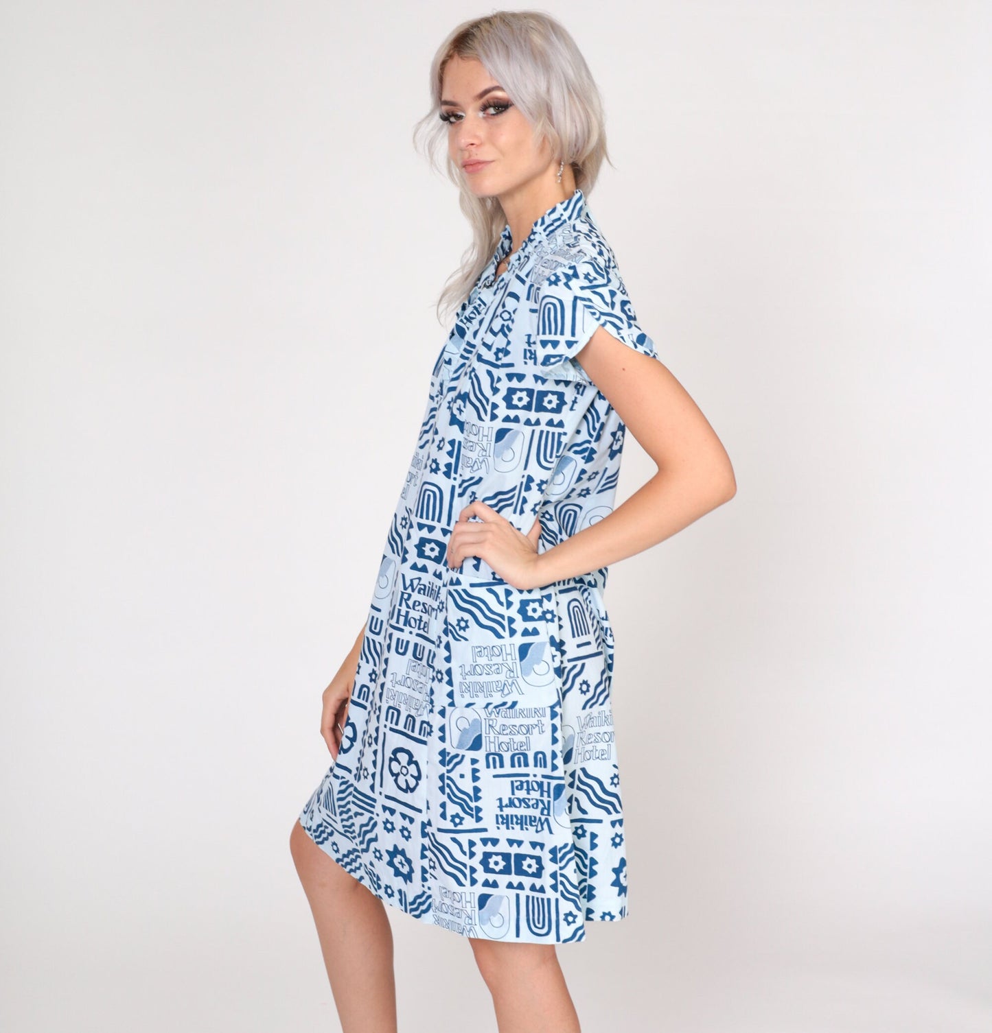 70s Waikiki Hotel Resort Print Mini Dress Blue Puff Sleeve Small