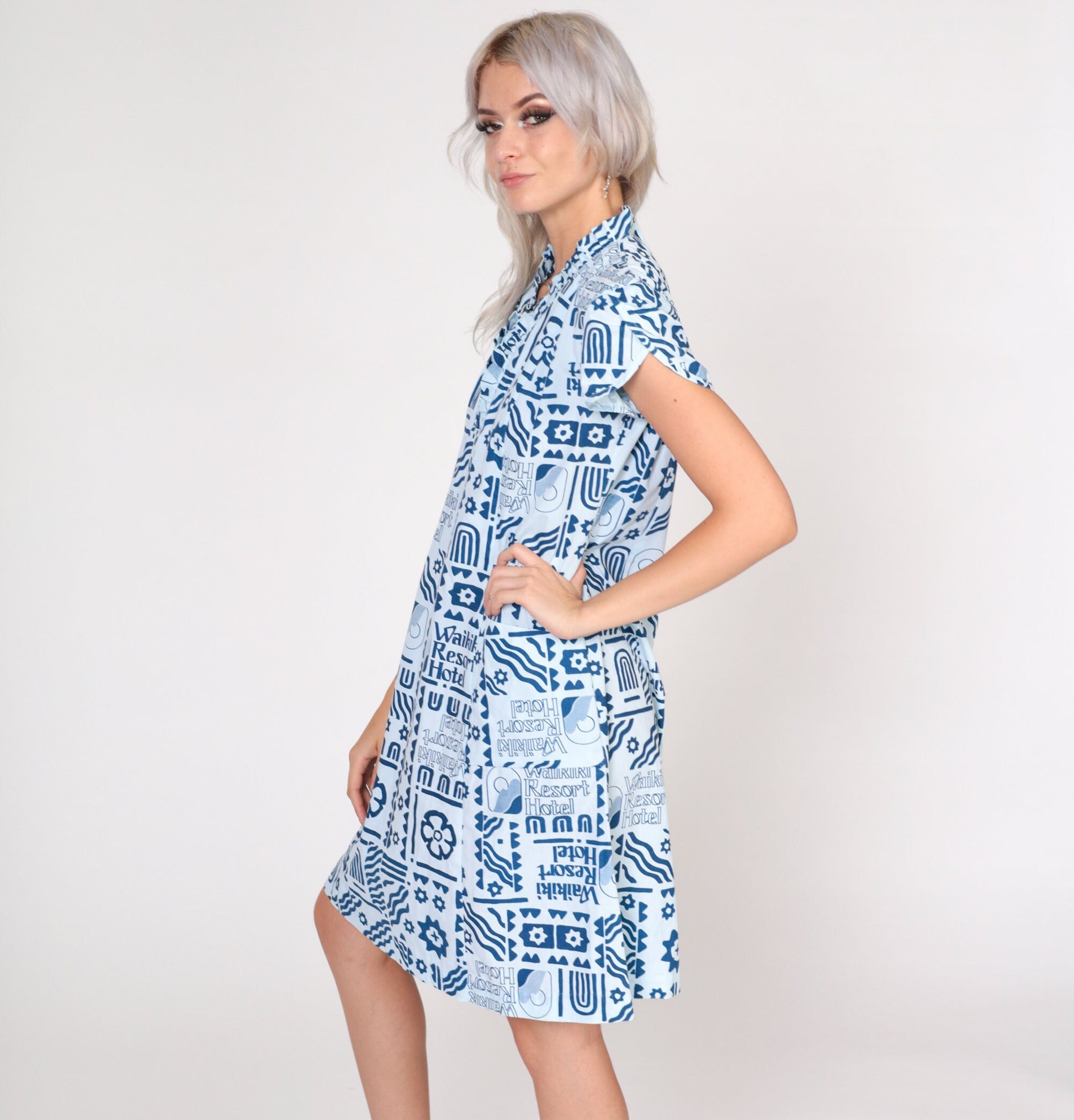 70s Waikiki Hotel Resort Print Mini Dress Blue Puff Sleeve Small