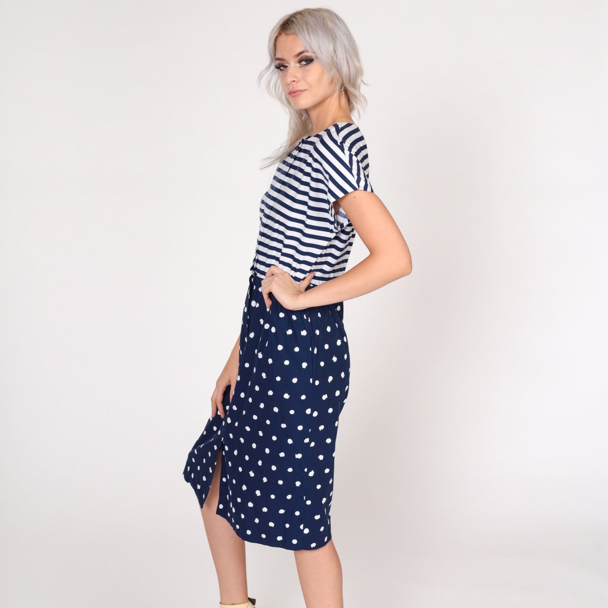 80s California Girl Petites Day Dress Blue White Striped Polka Dot Knee Length Small