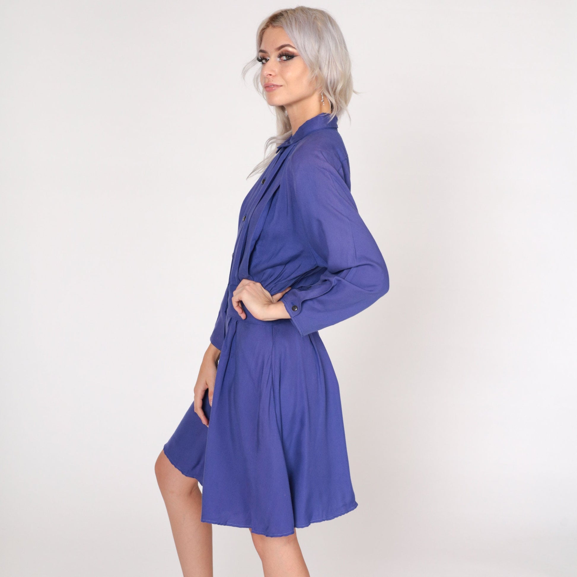 80s Moda International Purple Mini Dress Button-Up Collared High-Waisted Small