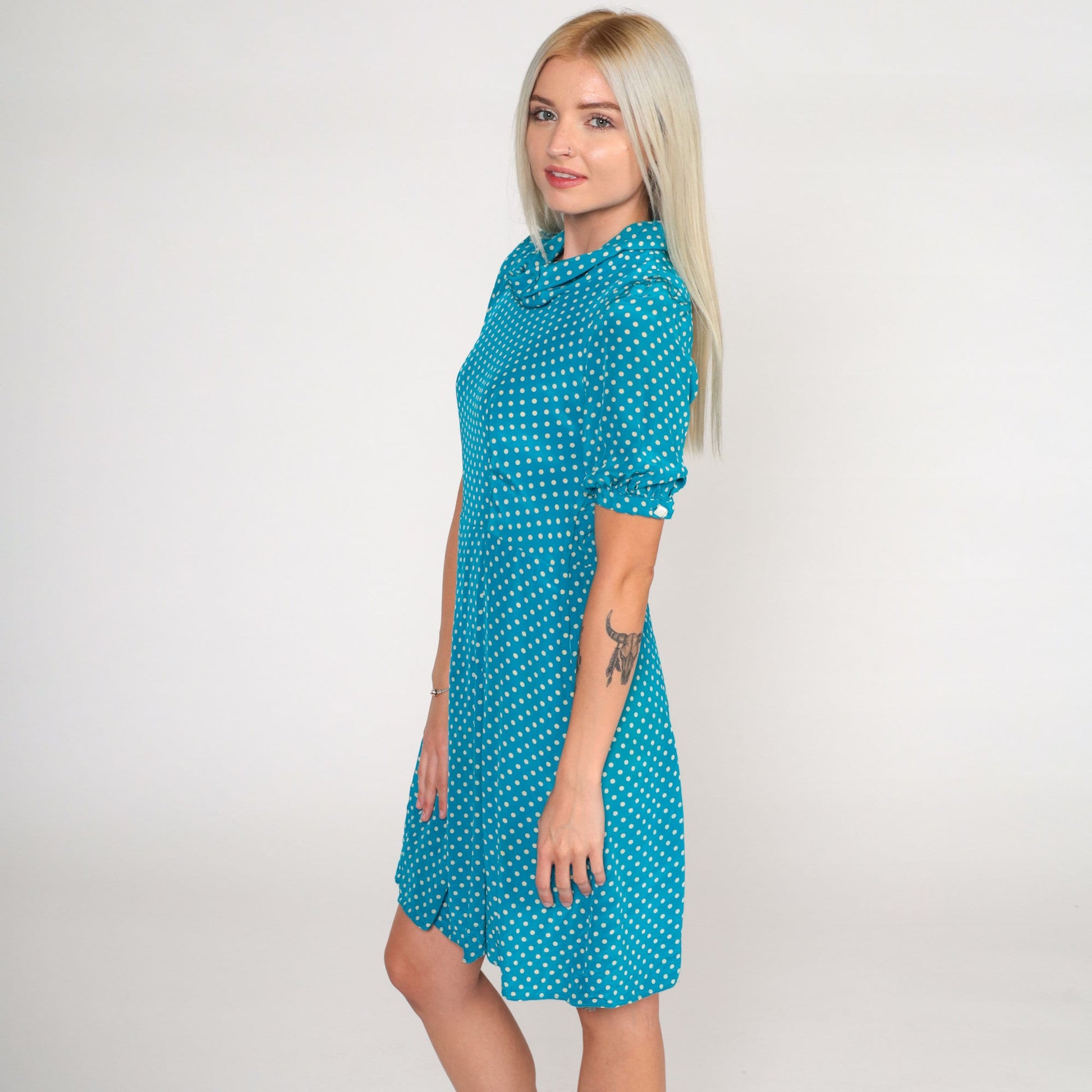 70s Blue Polka Dot Silk Shift Dress Puff Sleeve Mini High Waist Extra Small