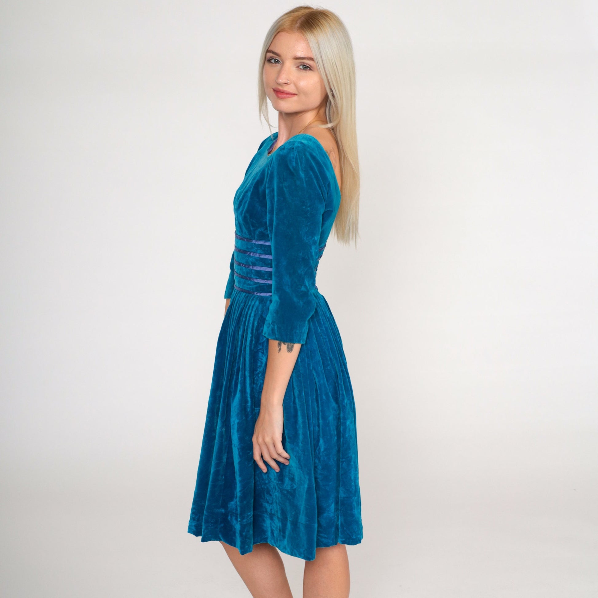 60s Blue Velvet Party Dress Empire Waist Pleated Mini 3/4 Sleeve XXS