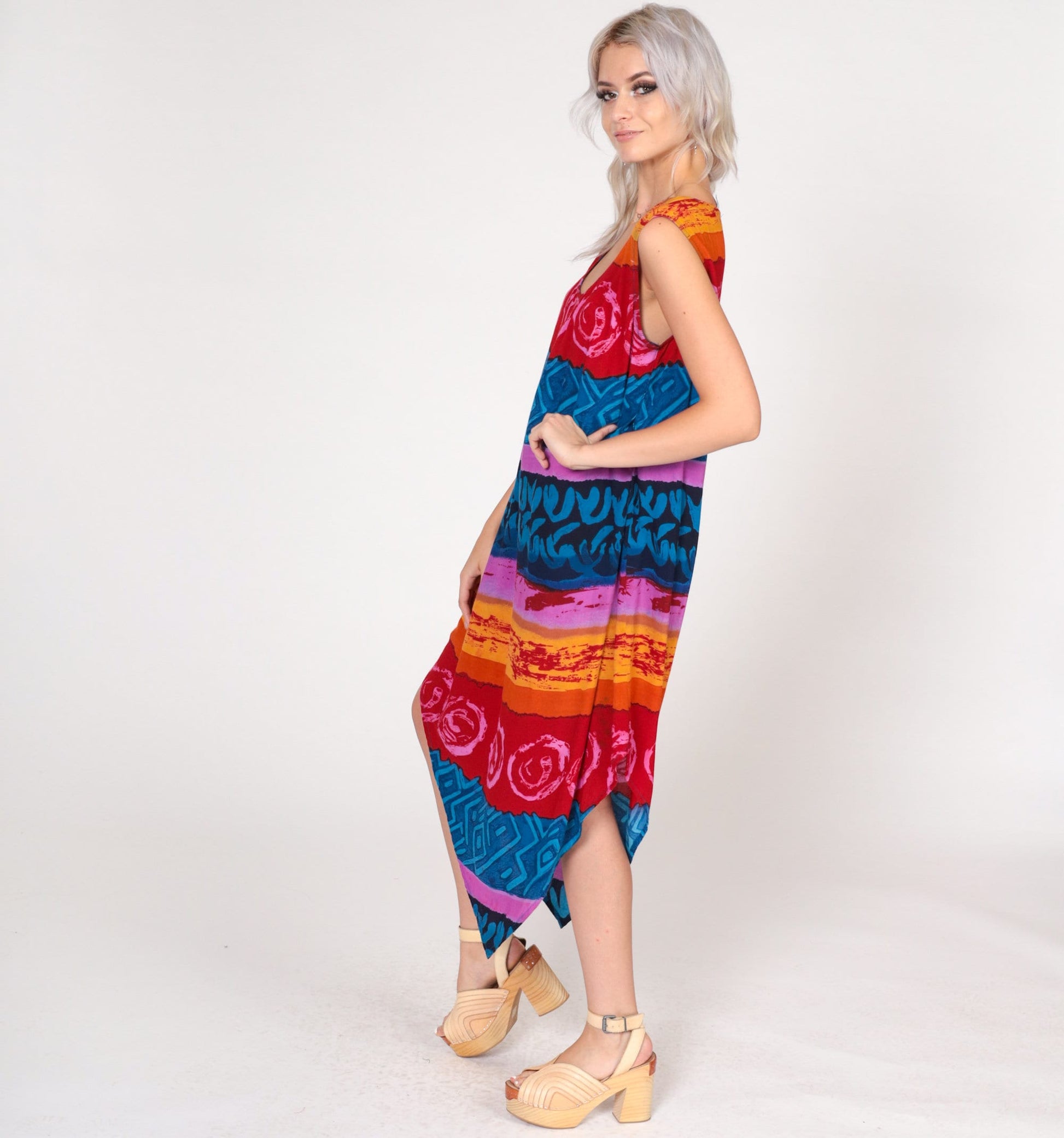 00s Meant to Be Midi Dress Sharkbite Hem Striped Abstract Print Sleeveless Large