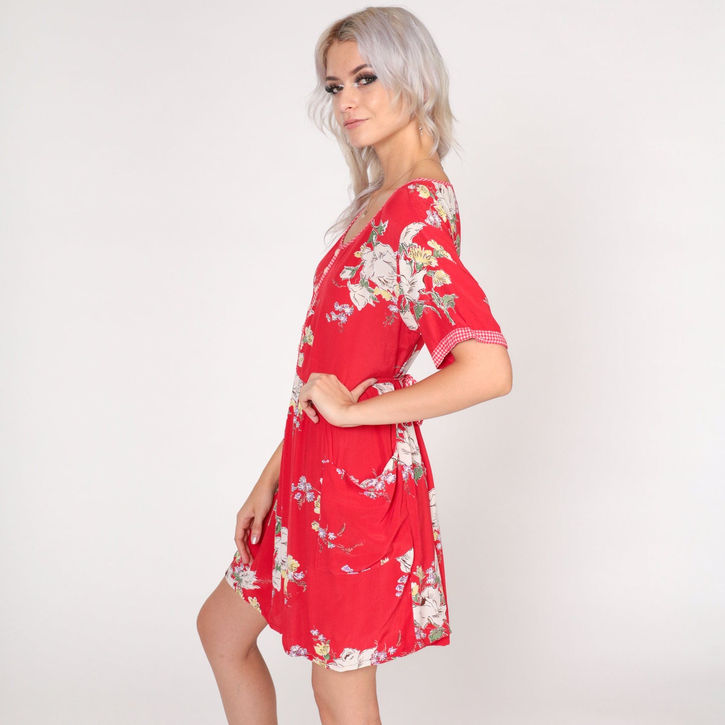 90s Red Floral Mini Dress High Waisted Gingham Trim Pockets Small