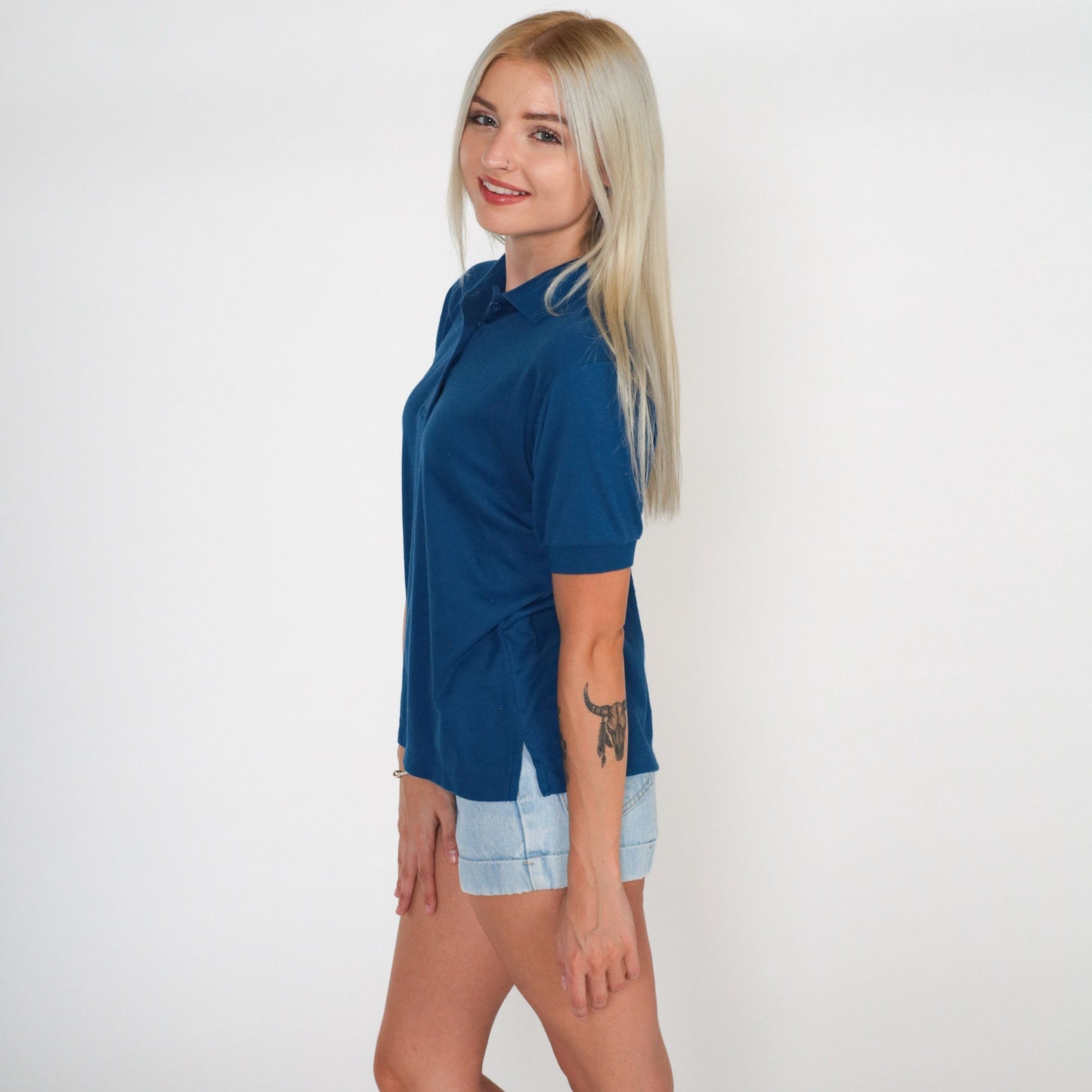 80s Navy Polo Shirt Cotton Blend Short Sleeve Collared Medium