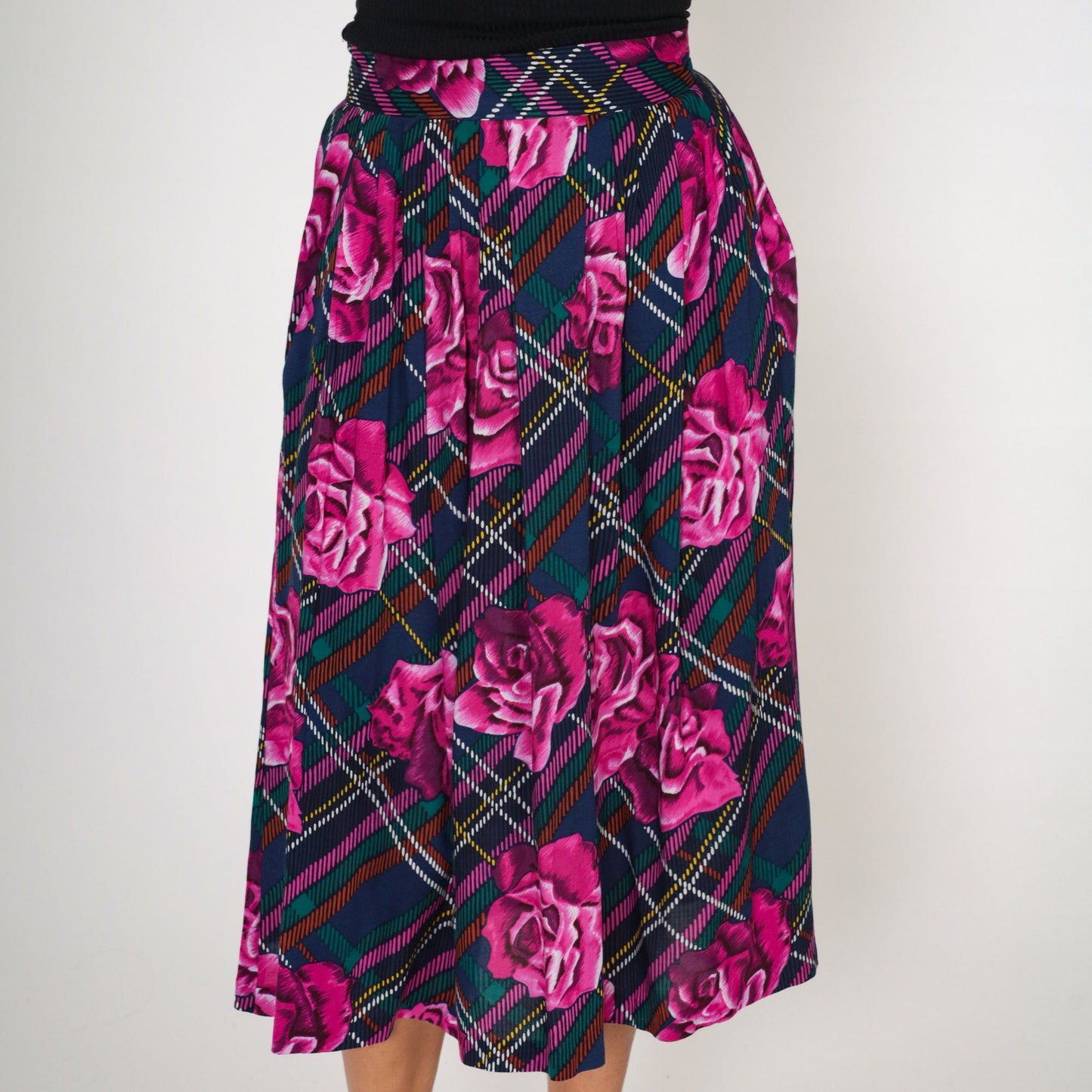 80s Plaid Floral Midi Skirt Purple Blue High Waist Pockets Small
