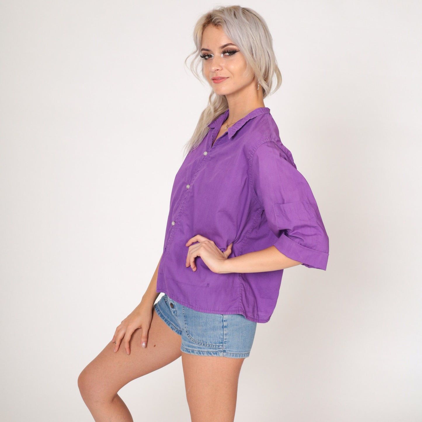 80s Cancun Embroidered Purple Button-Up Blouse Tropical Sailboat Cotton Small