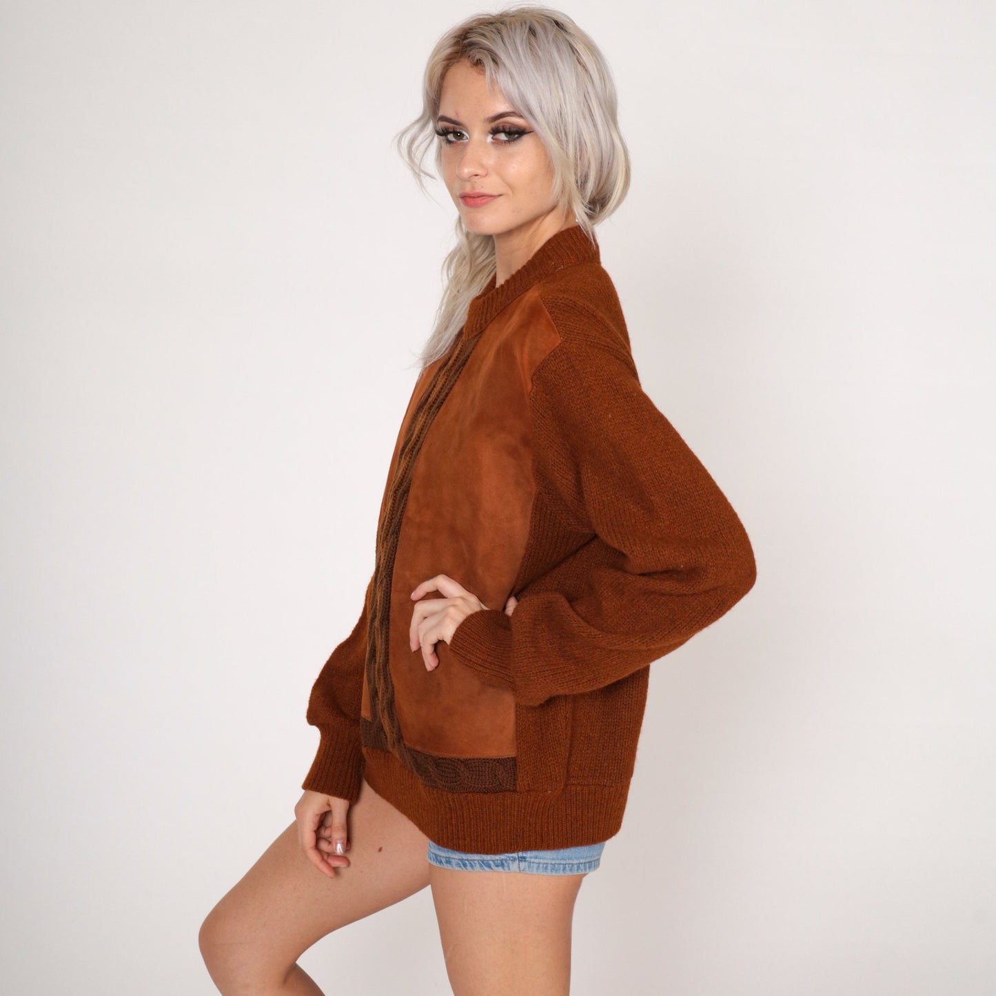 70s Cabot Brown Wool Cable Knit Sweater Faux Suede Panel Crewneck Medium