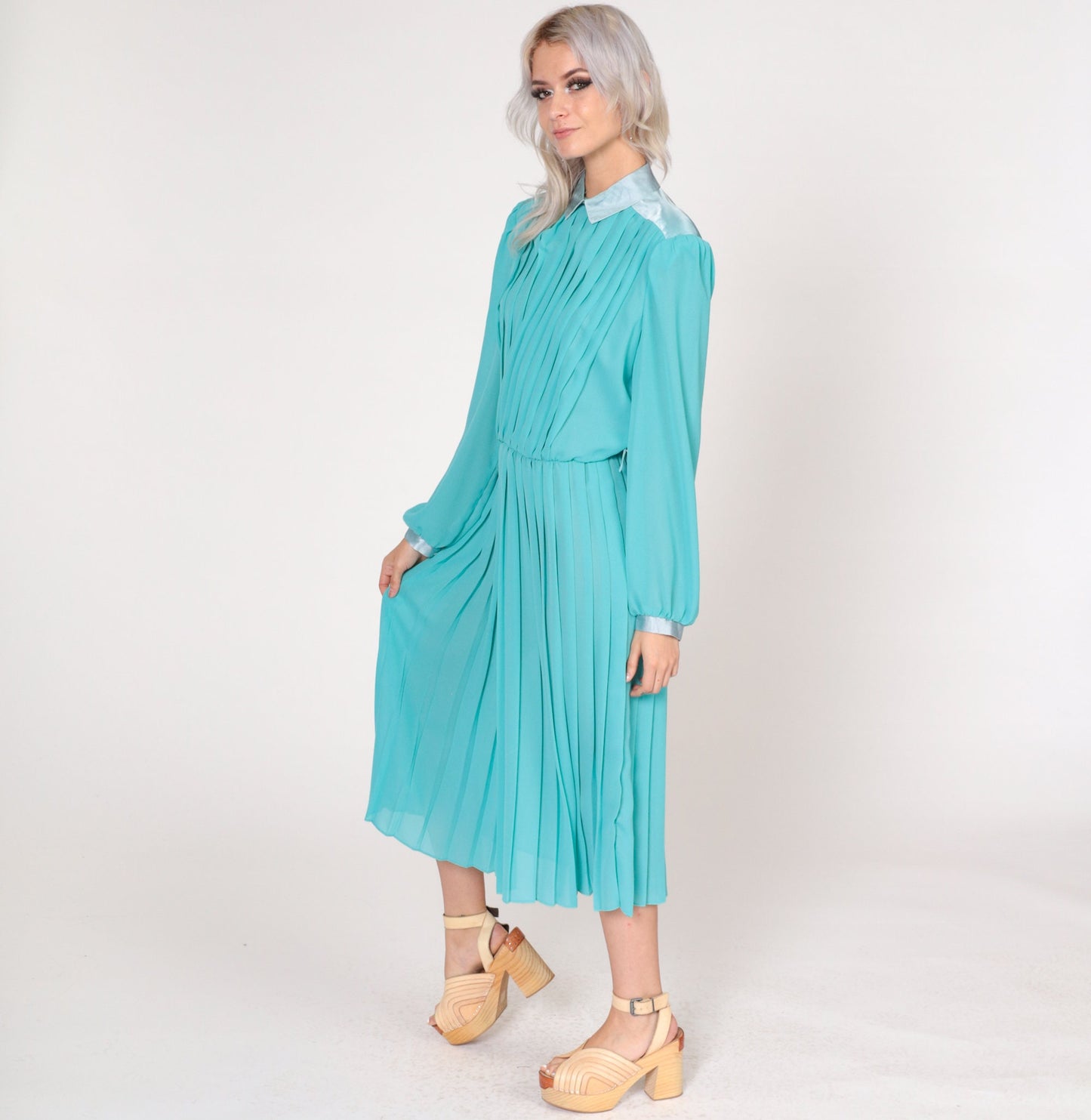 70s Aqua Blue Pleated Midi Dress Collared Puff Sleeve High Waisted Large L
