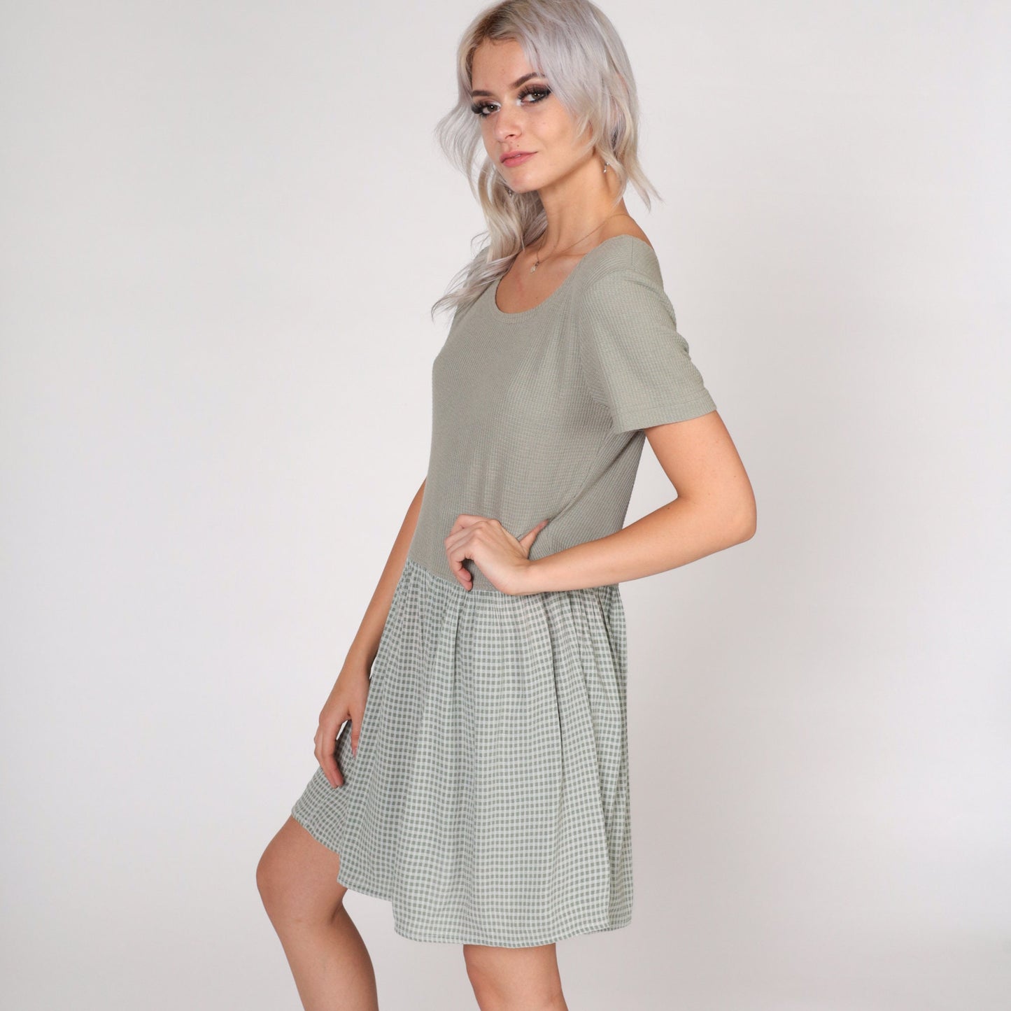 90s All That Jazz Sage Green Waffle Knit Gingham Mini Dress Short Sleeve Large