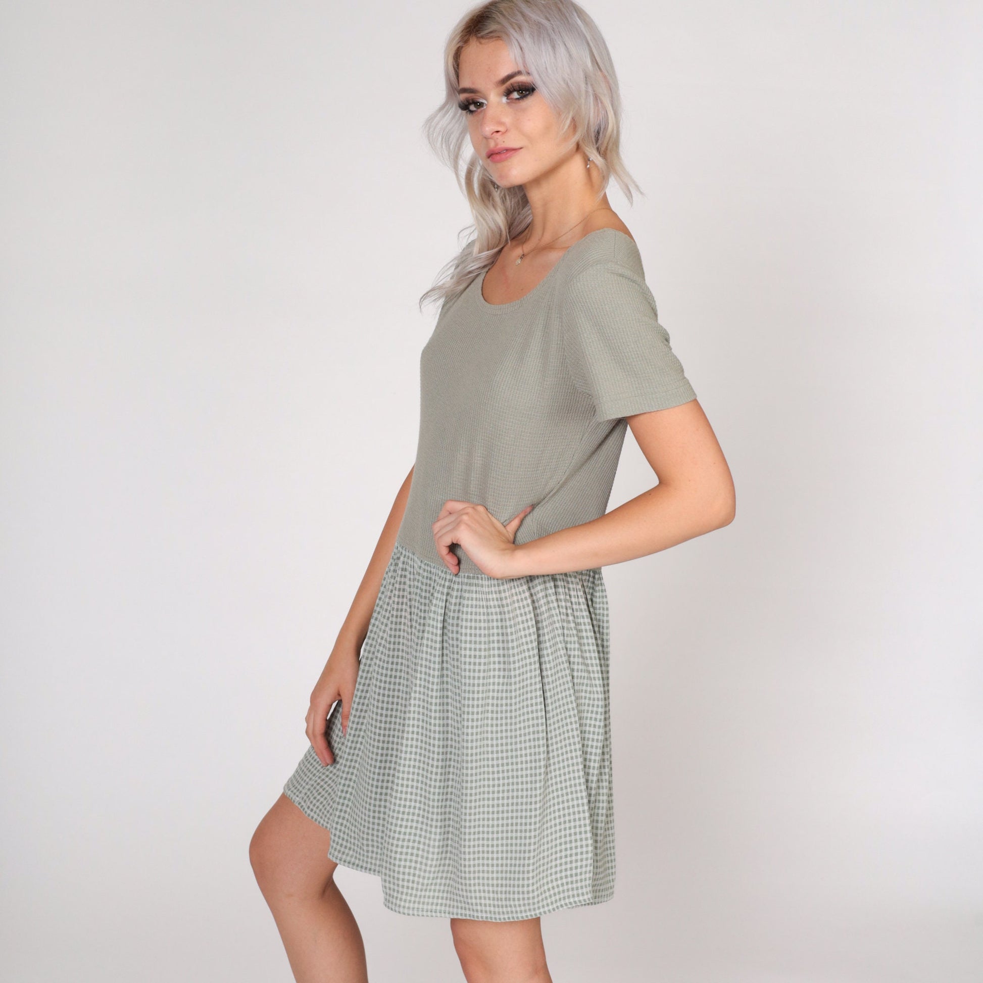 90s All That Jazz Sage Green Waffle Knit Gingham Mini Dress Short Sleeve Large