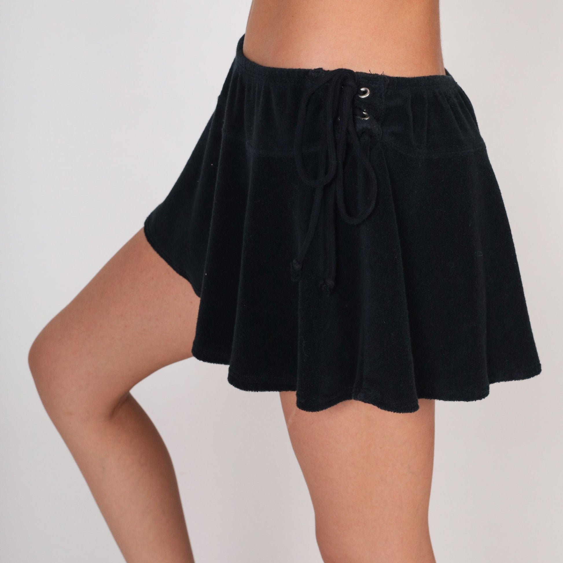 00s Black Terrycloth Micro Mini Skirt Lace-Up Sides Y2K Medium