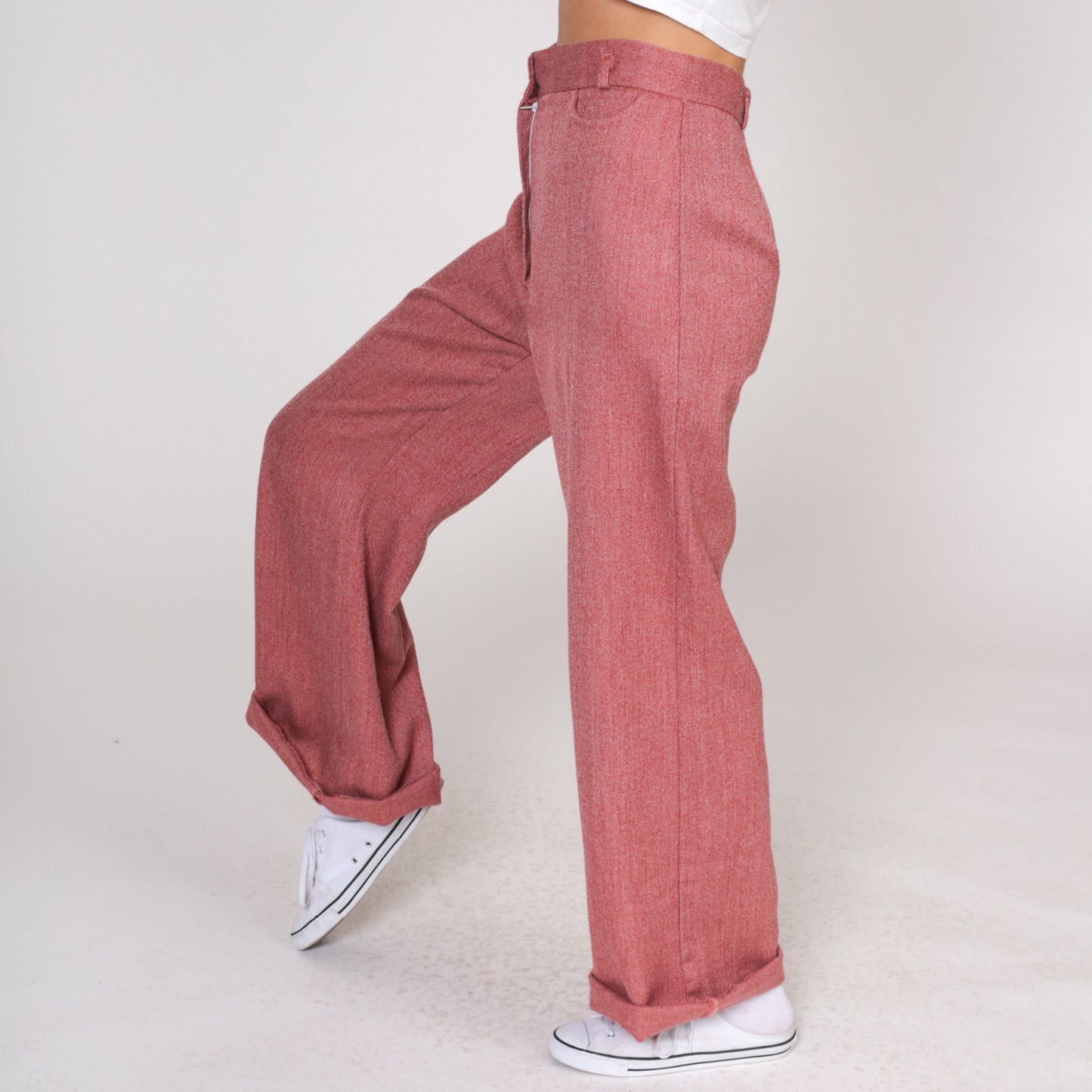 70s Heather Red High-Waisted Wide Leg Trousers Cuffed Straight Small S