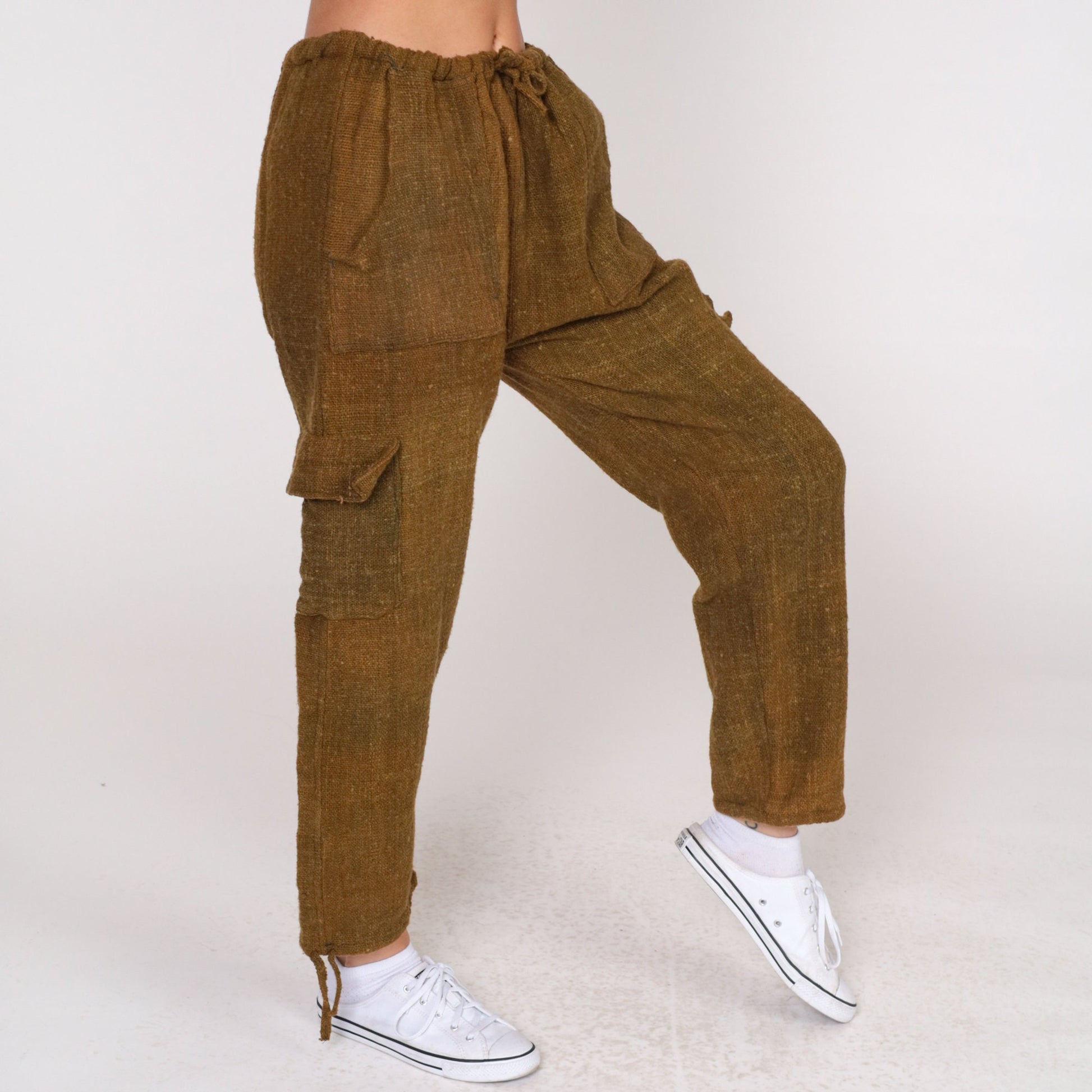 70s Brown Wool Cargo Pants Drawstring Waist Straight Leg Medium Large
