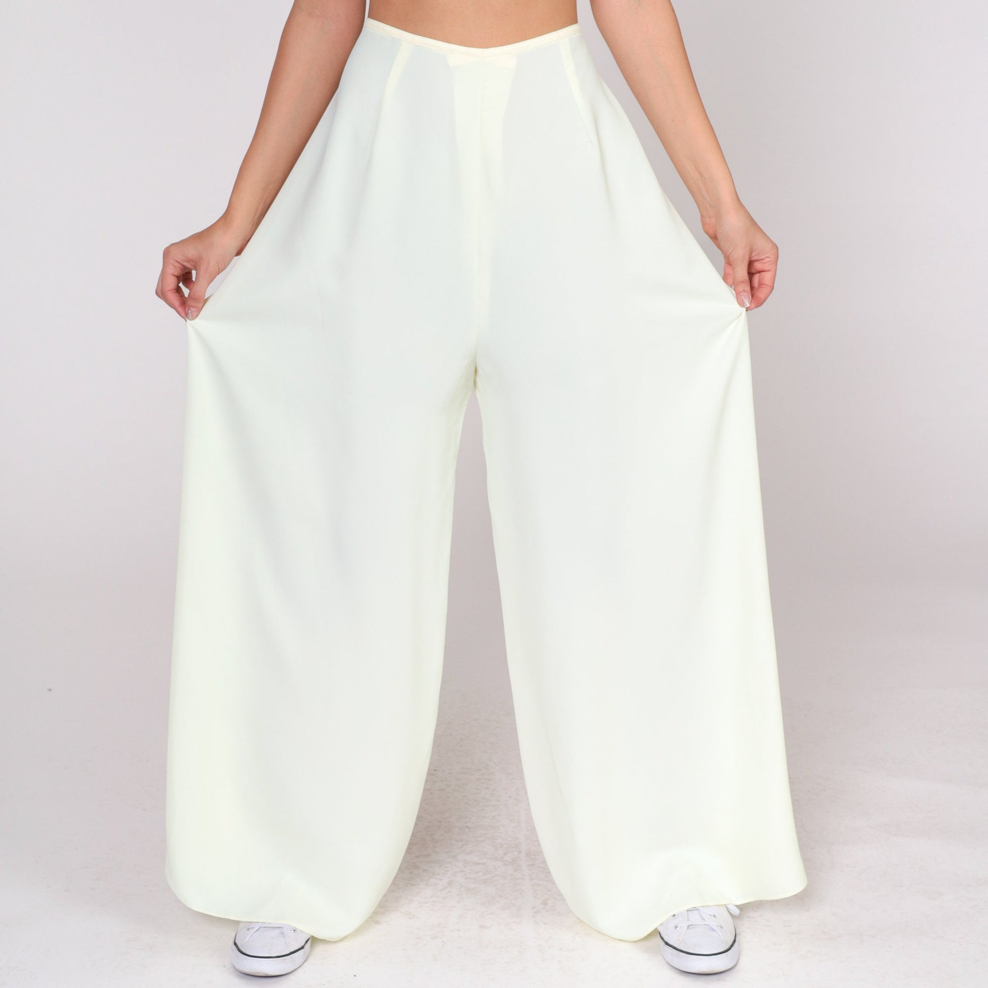 70s Pale Yellow Wide Leg Palazzo Pants High Waist Bell Bottom Medium