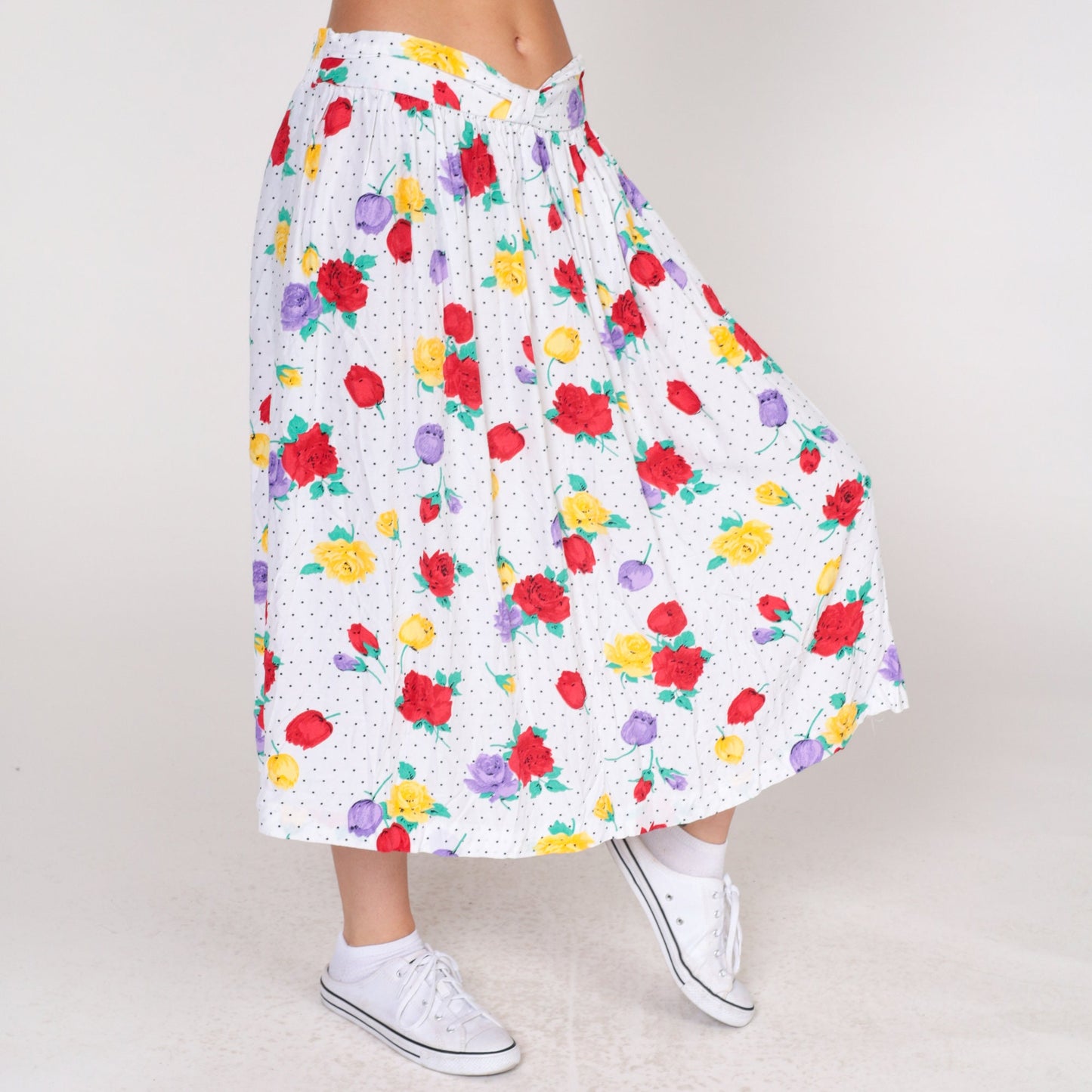 90s Polka Dot Floral Midi Skirt White Black Rose Print Elastic Waist Large