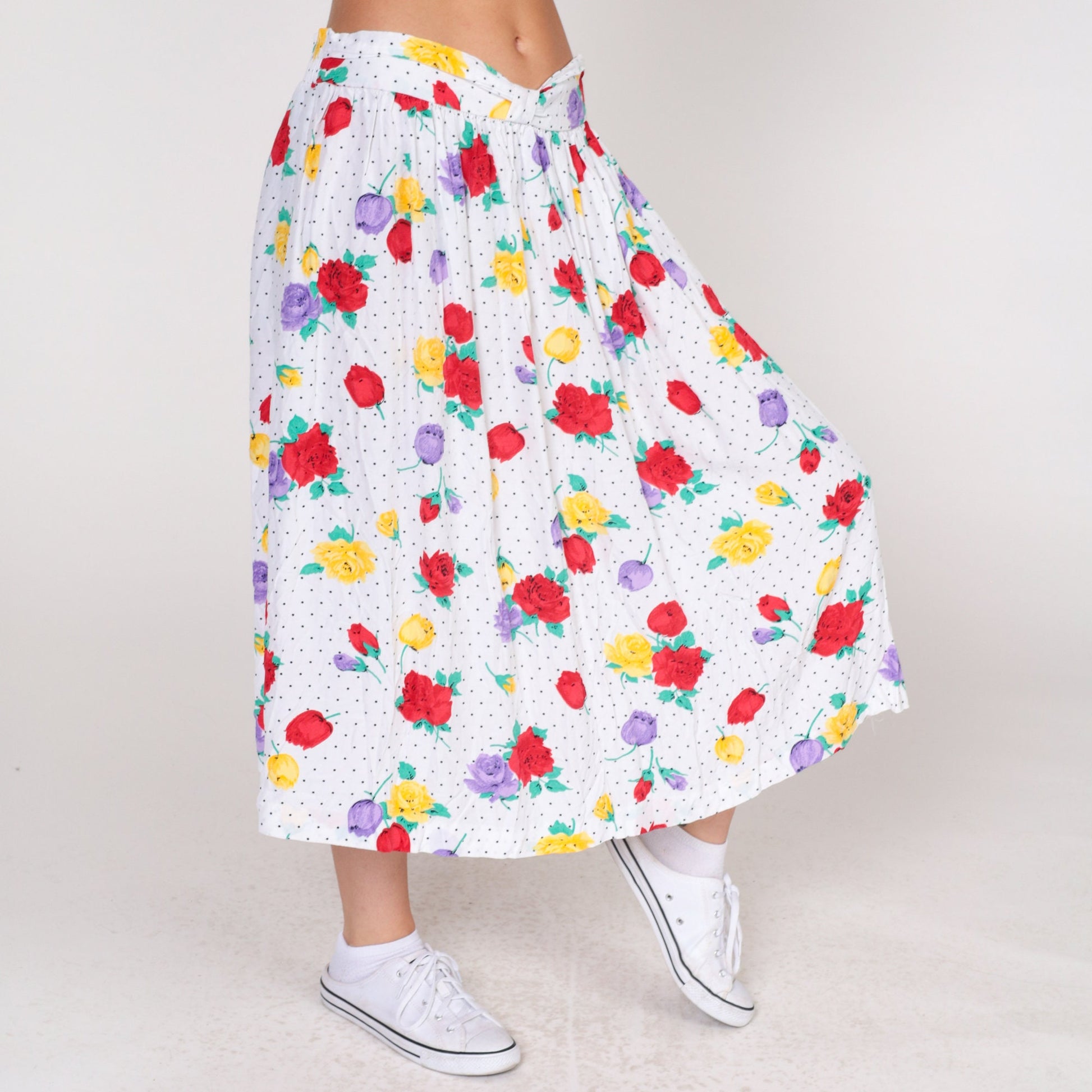90s Polka Dot Floral Midi Skirt White Black Rose Print Elastic Waist Large