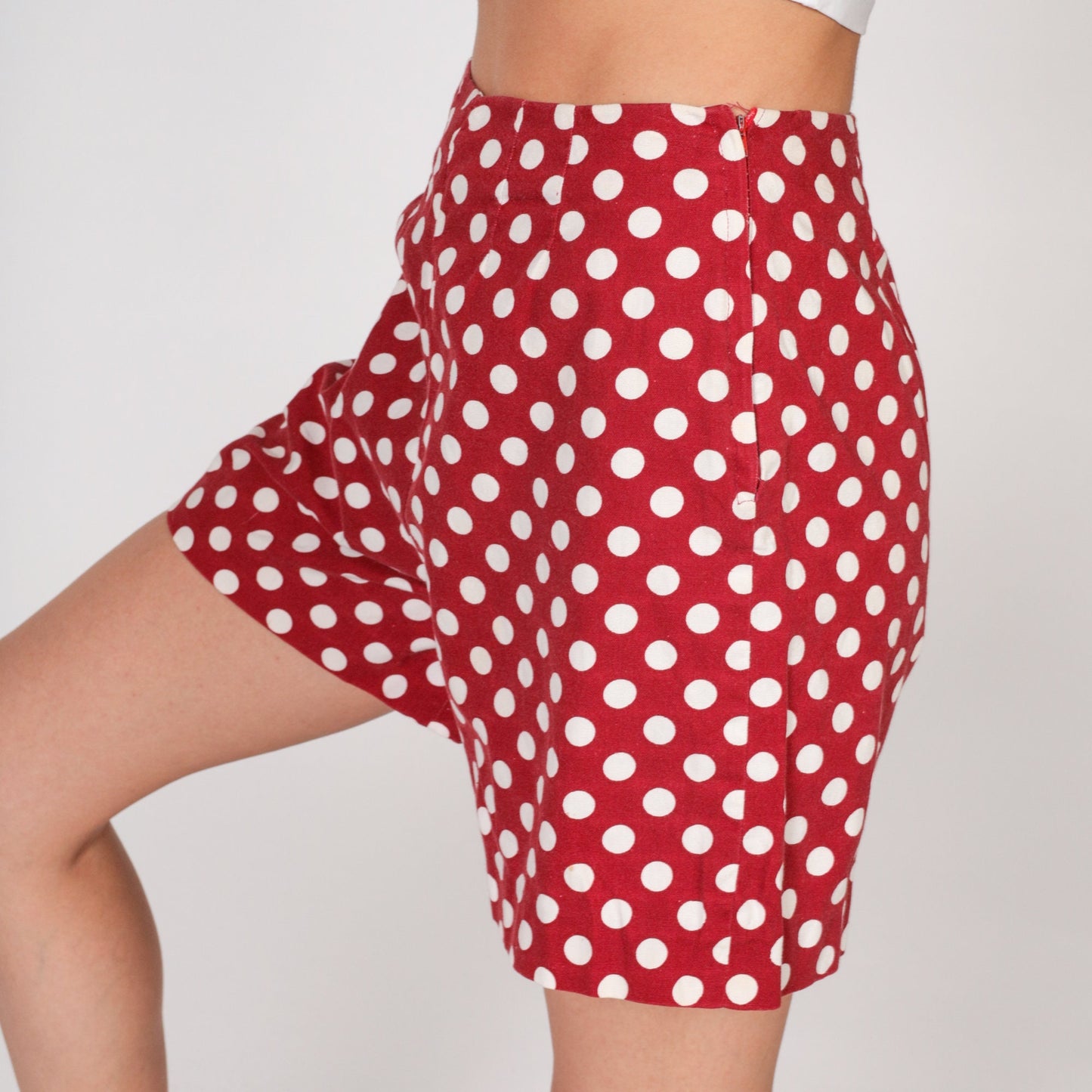 70s Red Polka Dot High-Waist Shorts White Cotton Knee-Length Extra Small