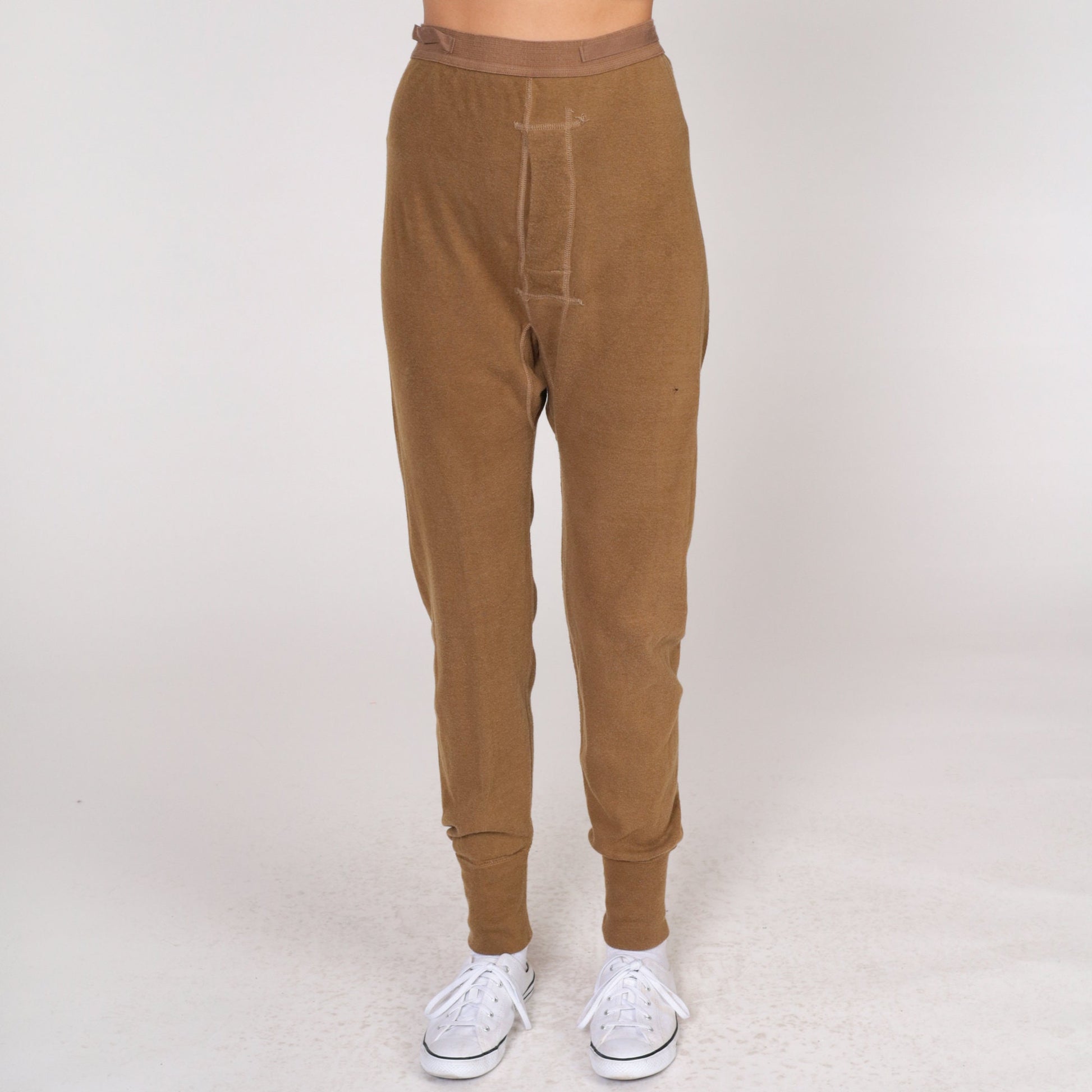 80s Brown Wool Blend Thermal Long Johns Open Fly Men's Medium