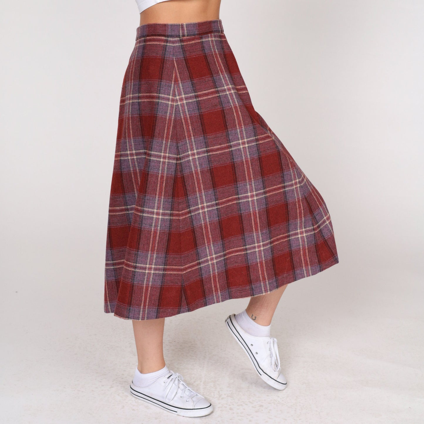 80s Rust Red Plaid Wool Midi Skirt High Waist A-Line Small