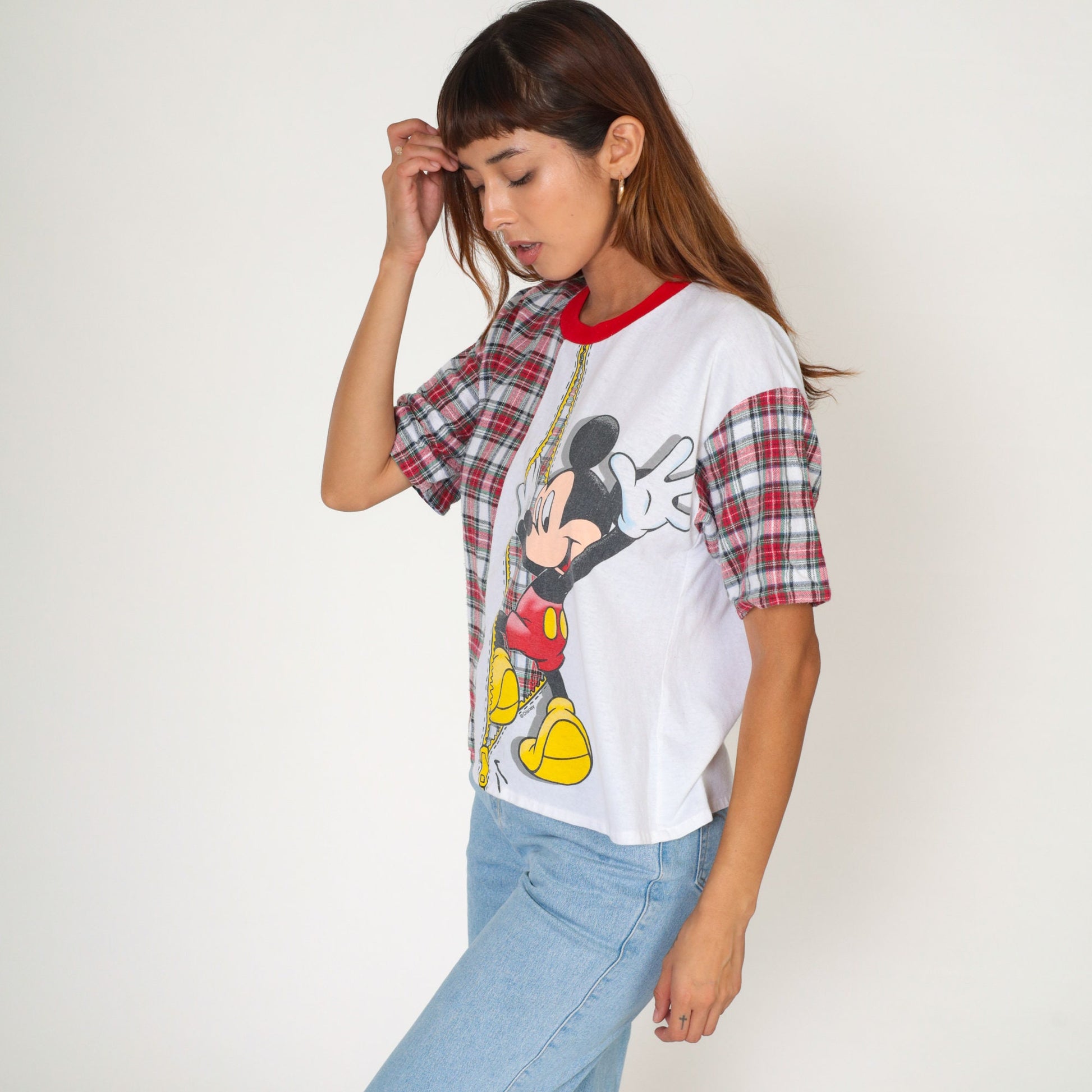 90s Mickey Mouse Ringer T-Shirt Plaid Graphic White Red Small S
