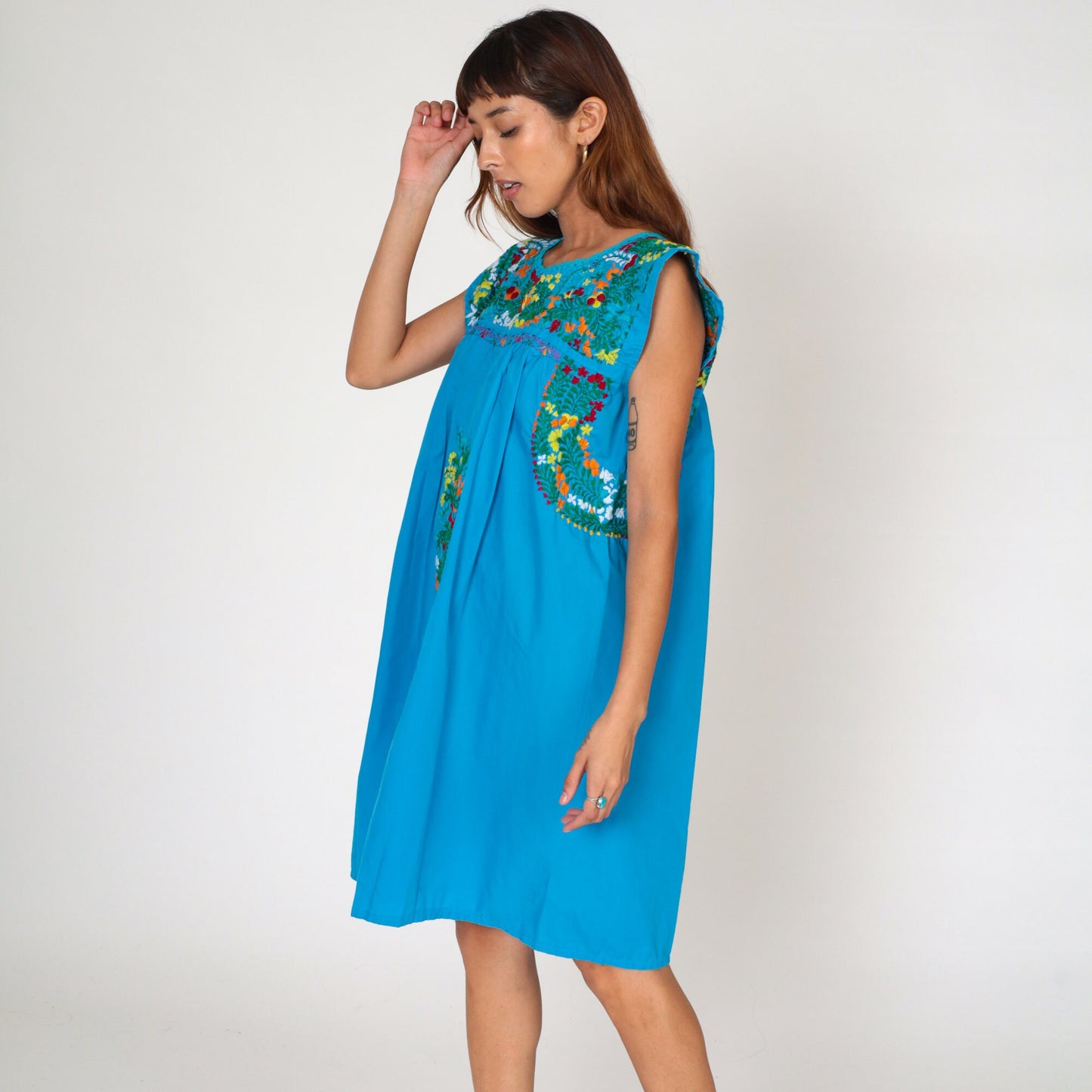 70s Mexican Oaxacan Embroidered Cotton Dress Turquoise Cap Sleeve Small Medium