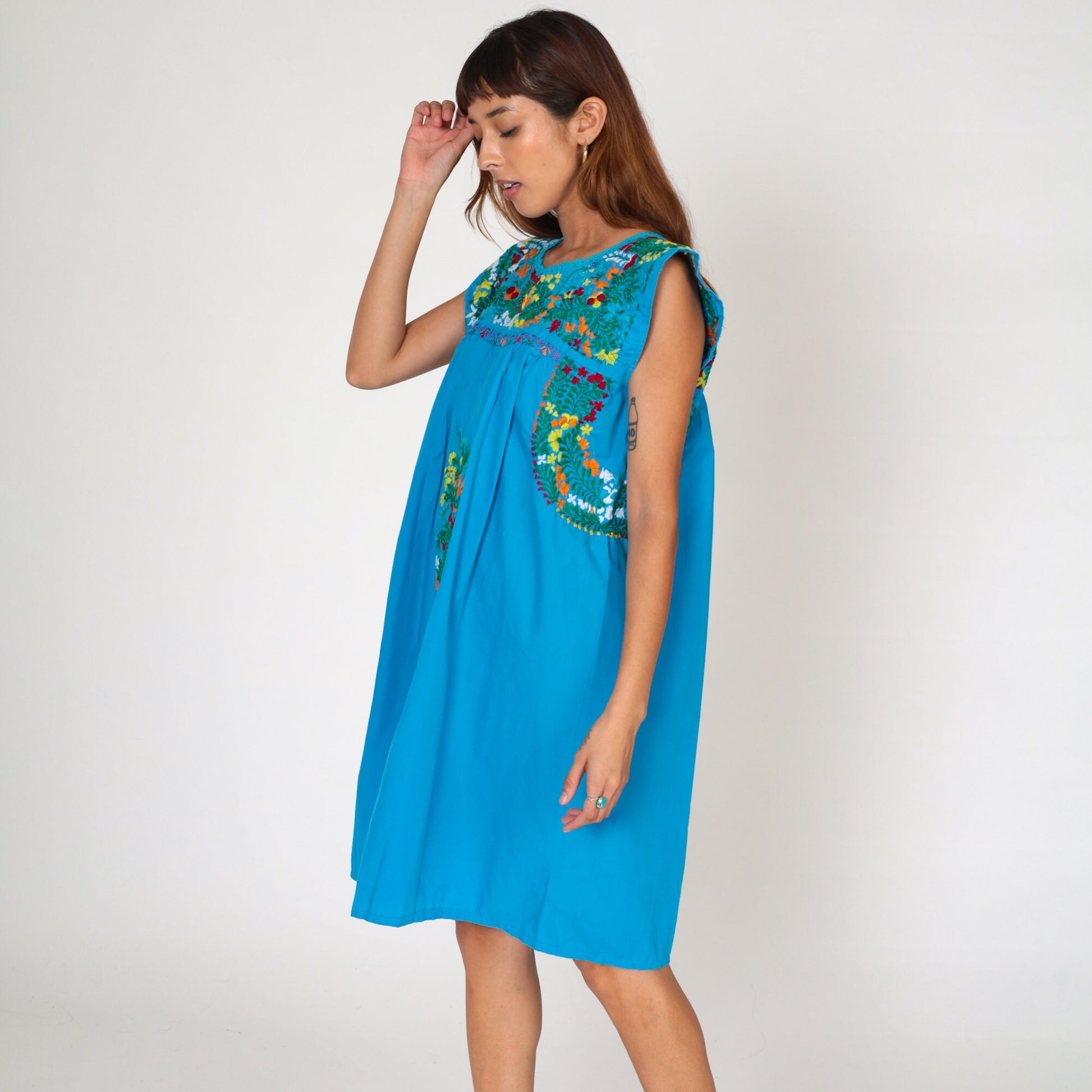 70s Mexican Oaxacan Embroidered Cotton Dress Turquoise Cap Sleeve Small Medium
