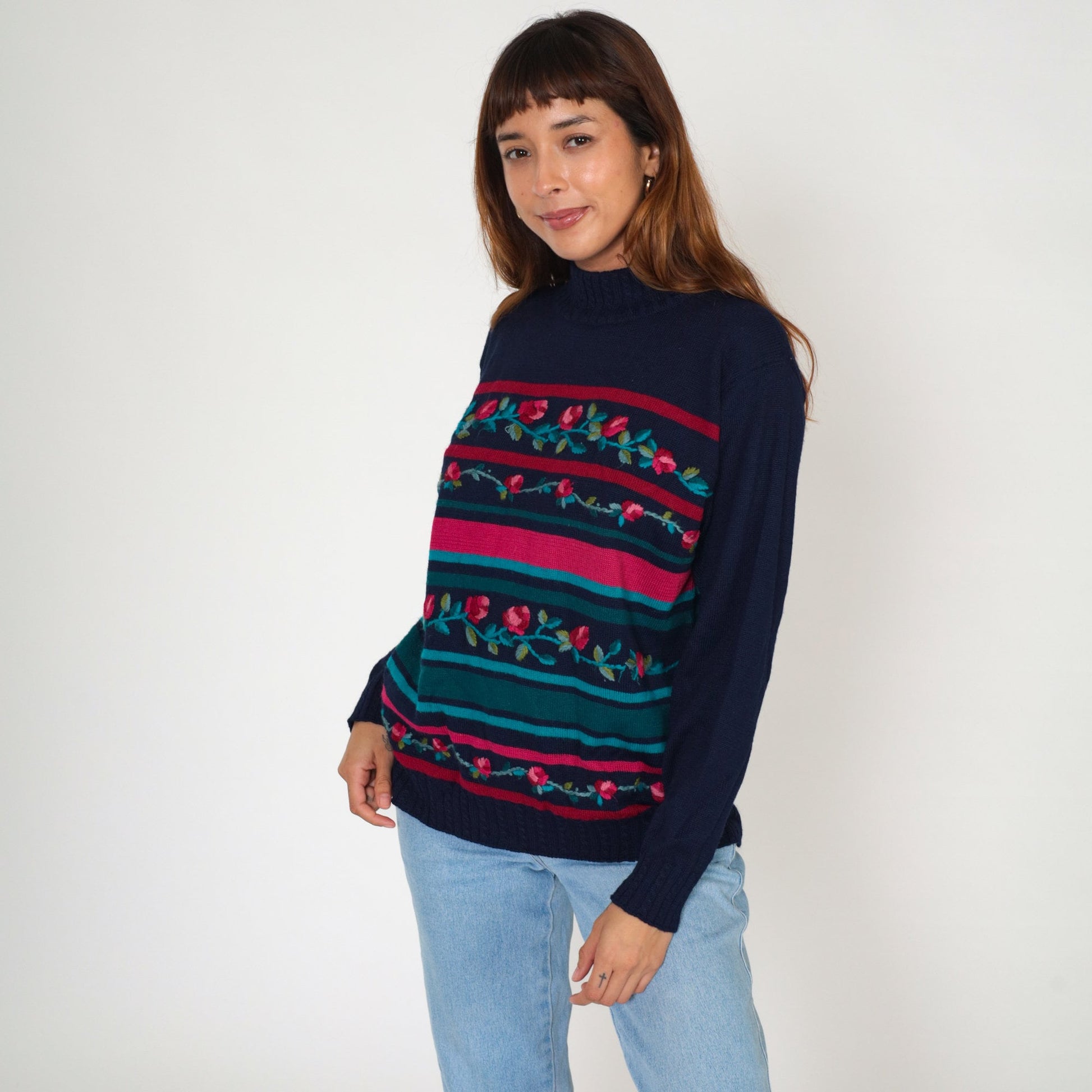 80s Alfred Dunner Navy Floral Embroidered Mockneck Sweater Wool Blend Large L