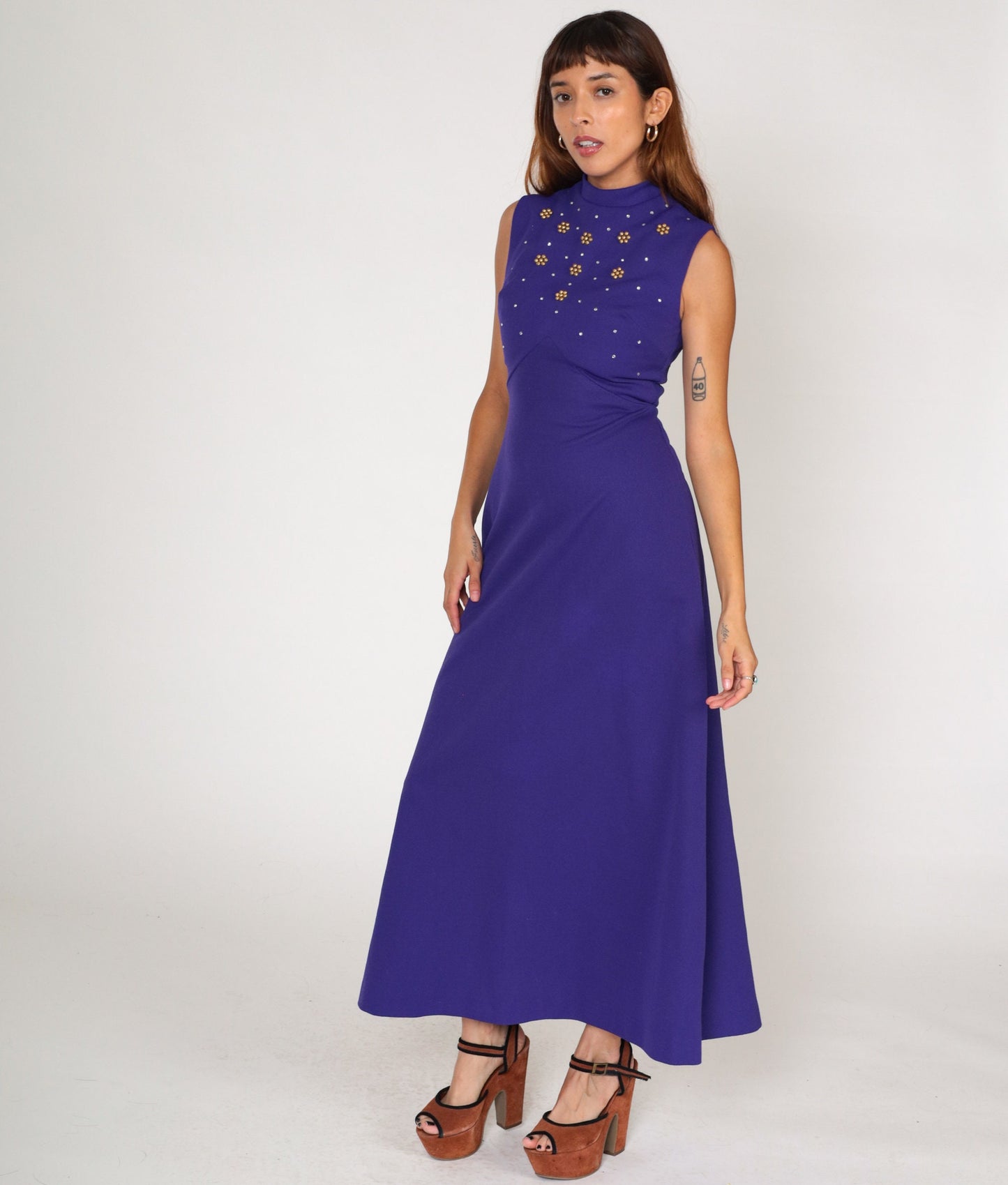 70s Purple Rhinestone Maxi Dress Empire Waist Mock Neck Sleeveless Small