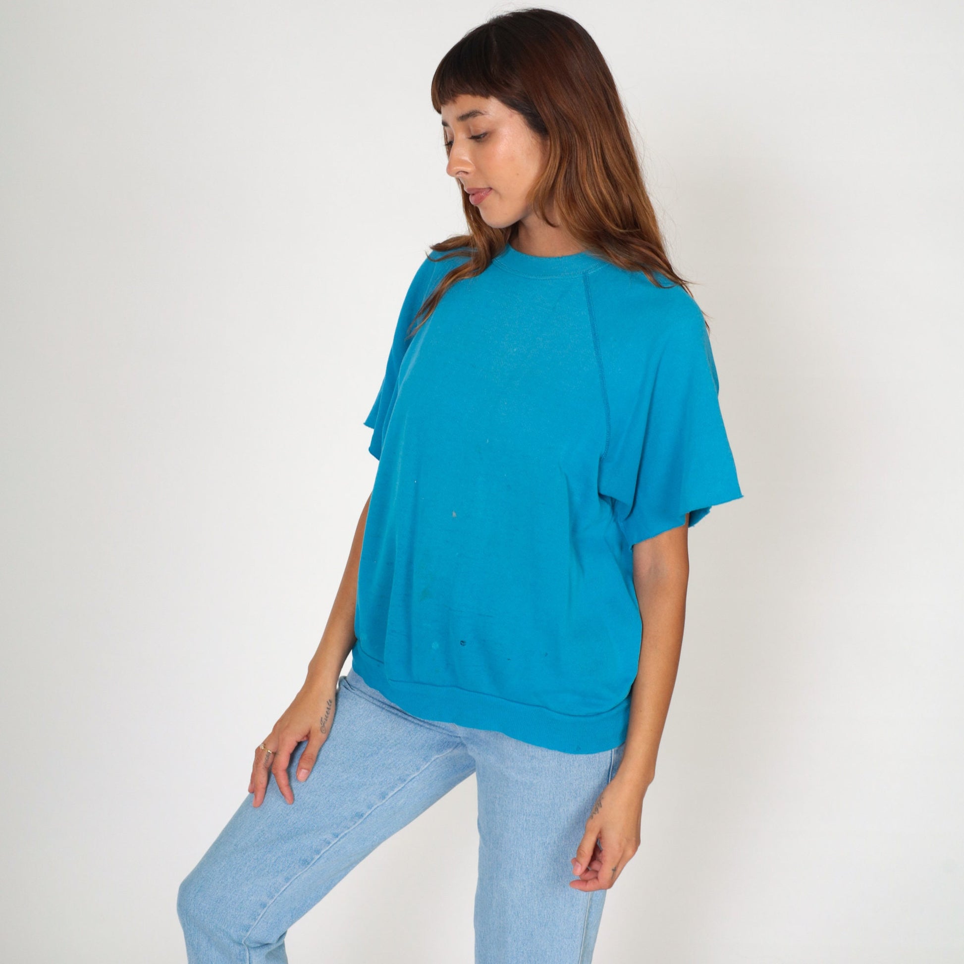 80s Blue Short Sleeve Sweatshirt Raglan Distressed Pullover Large