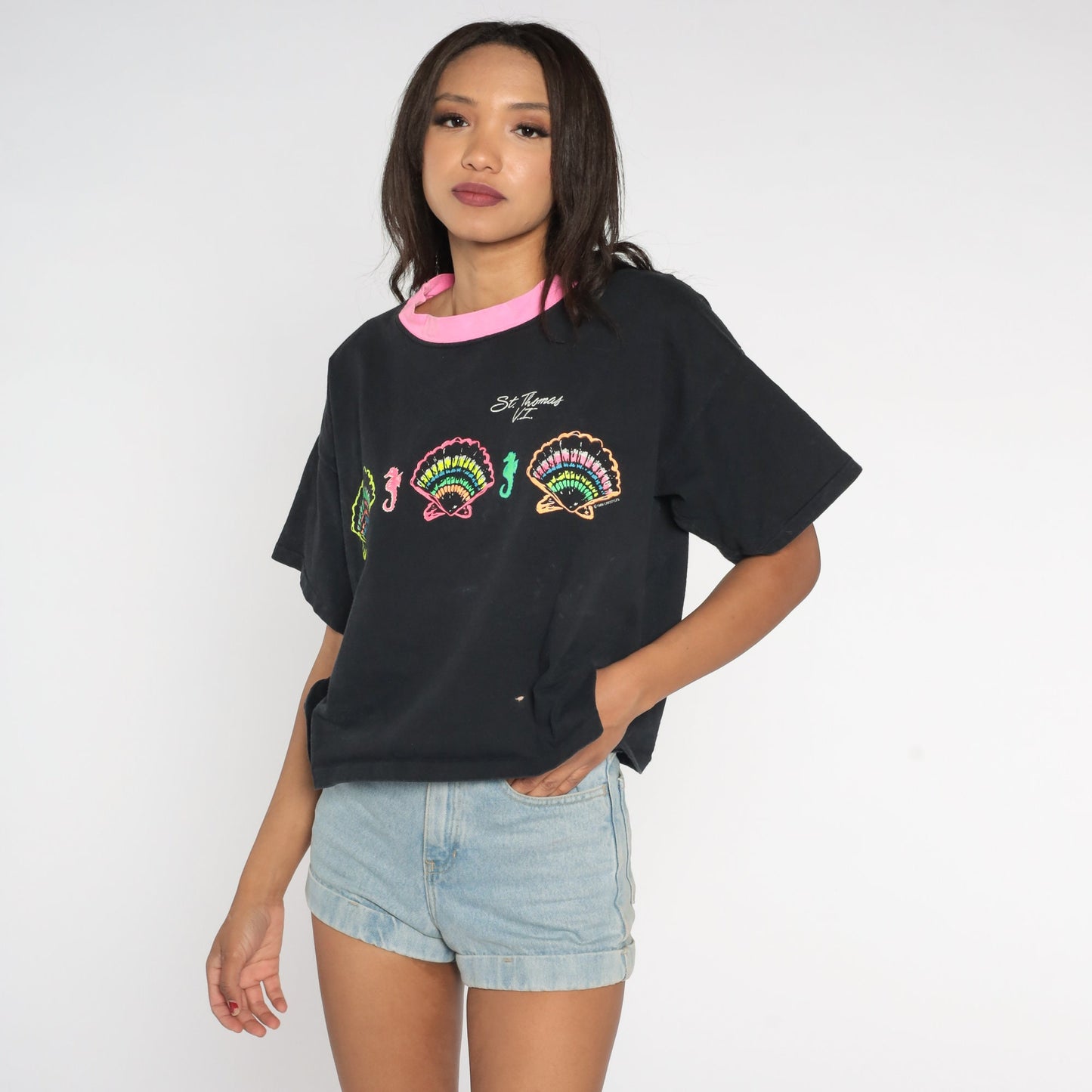90s St Thomas Virgin Islands Crop Top Ringer Tee Black Neon Pink Graphic Medium