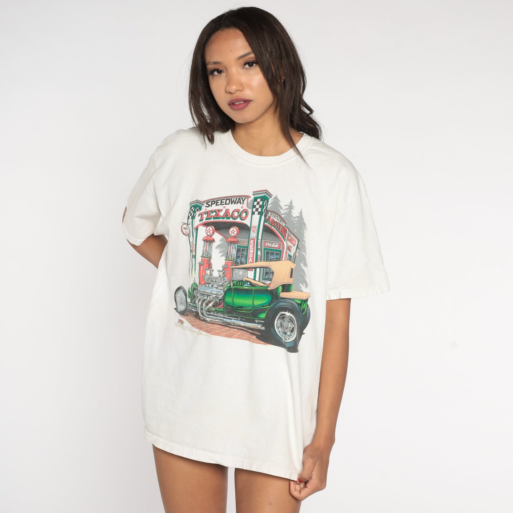 00s Texaco Classic Car Graphic T-Shirt White Cotton Tee Large L