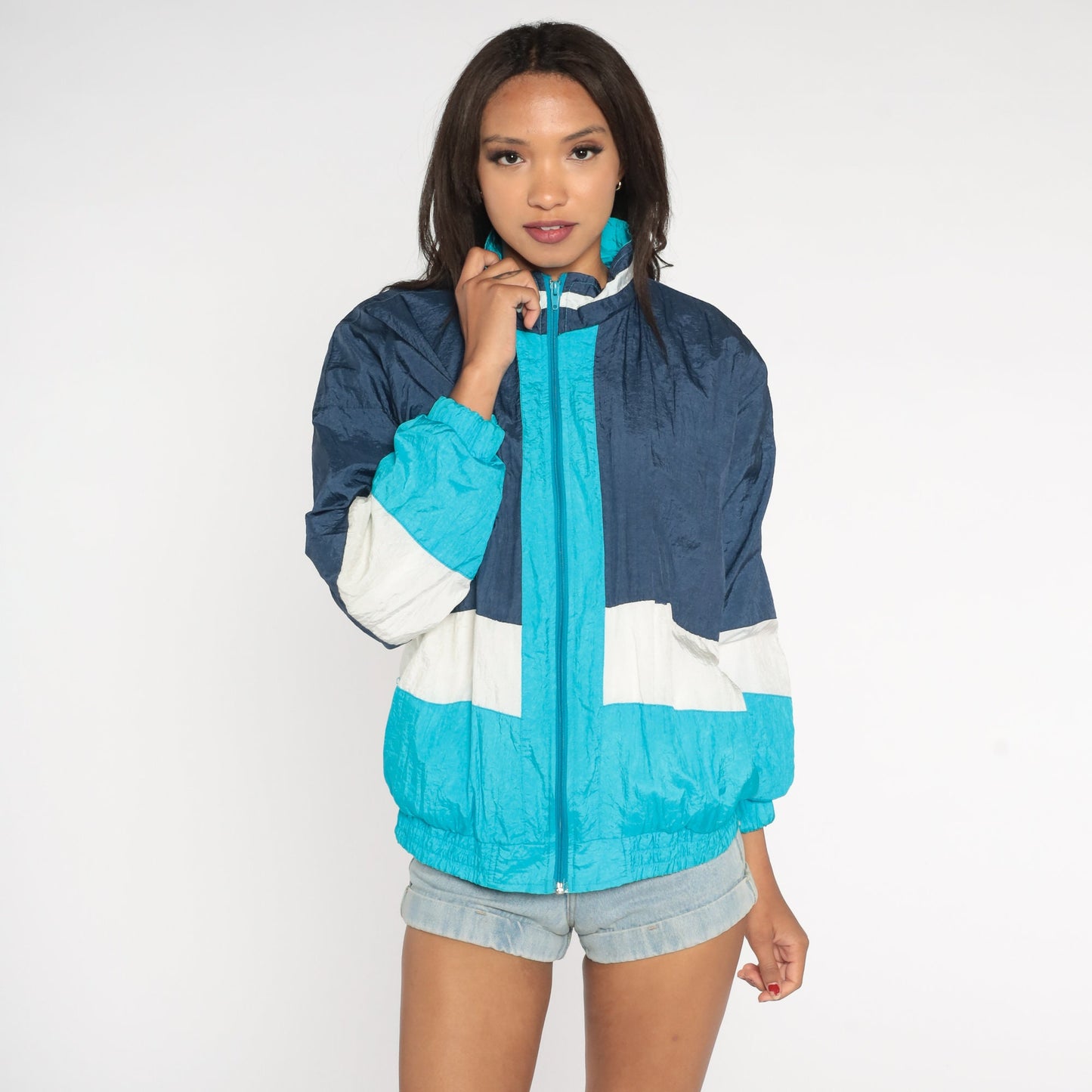 90s Striped Windbreaker Jacket Aqua Navy Blue White Colour Block Medium