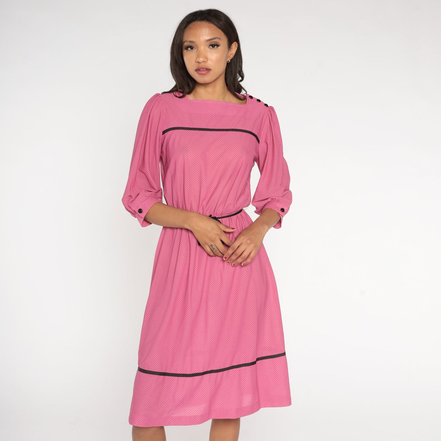70s Pink Polka Dot Midi Dress Puff Sleeve High Waist Belted Small