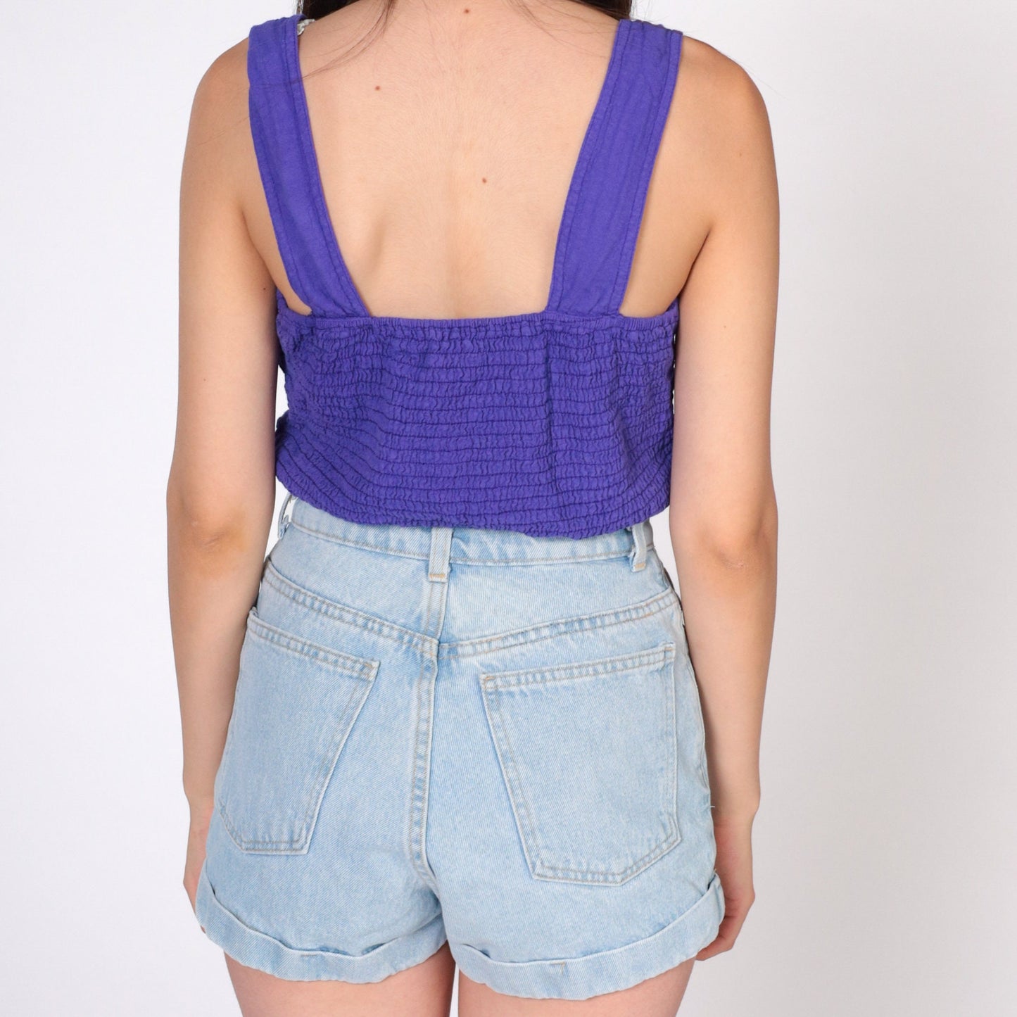 90s Purple Smocked Crop Top Sweetheart Neckline Cotton Tank Small