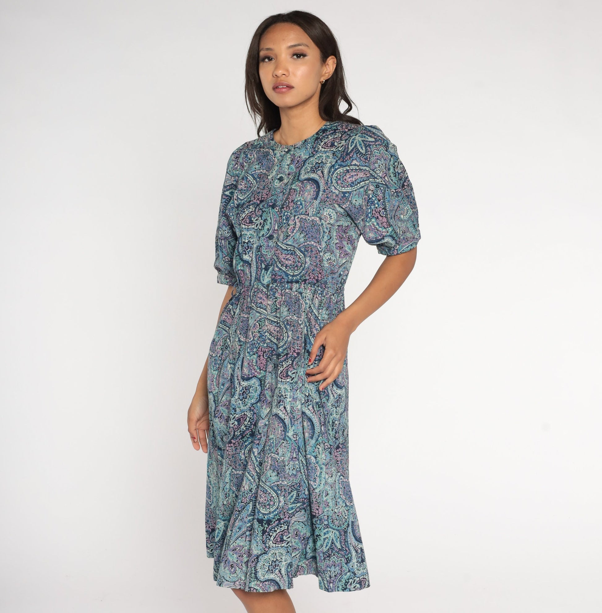 80s Blue Paisley Midi Shirtwaist Dress High Waisted Pleated Short Sleeve Medium