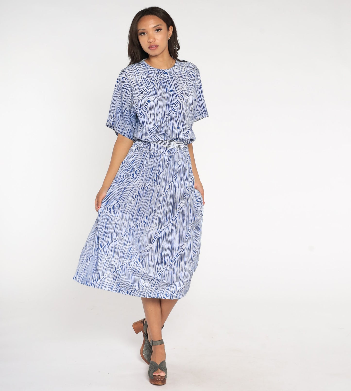 80s Blue White Striped Midi Shirtwaist Dress High Waisted Belted Large L